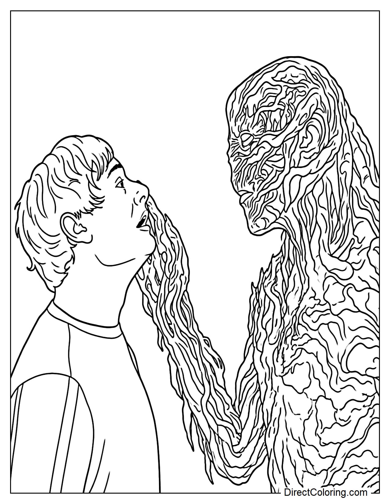 Will Byers looks up in fear as Vecna towers over him, creating a tense psychological confrontation filled with the dark supernatural atmosphere of Stranger Things.