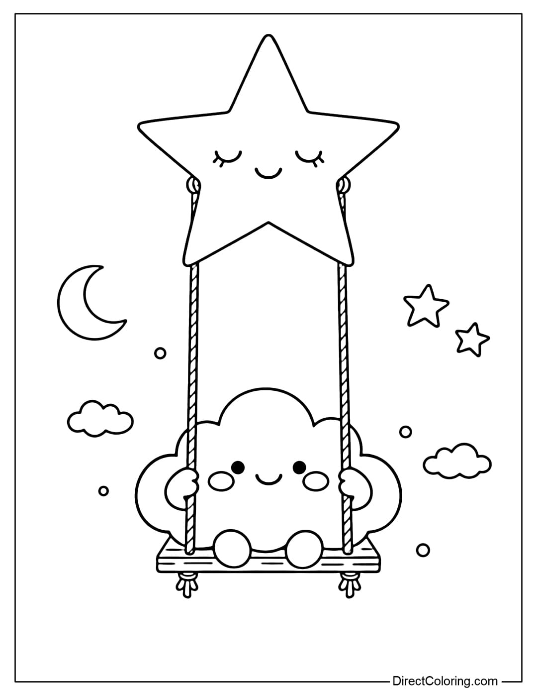 A cloud sitting on a swing hanging from a large star, surrounded by a blank sky.