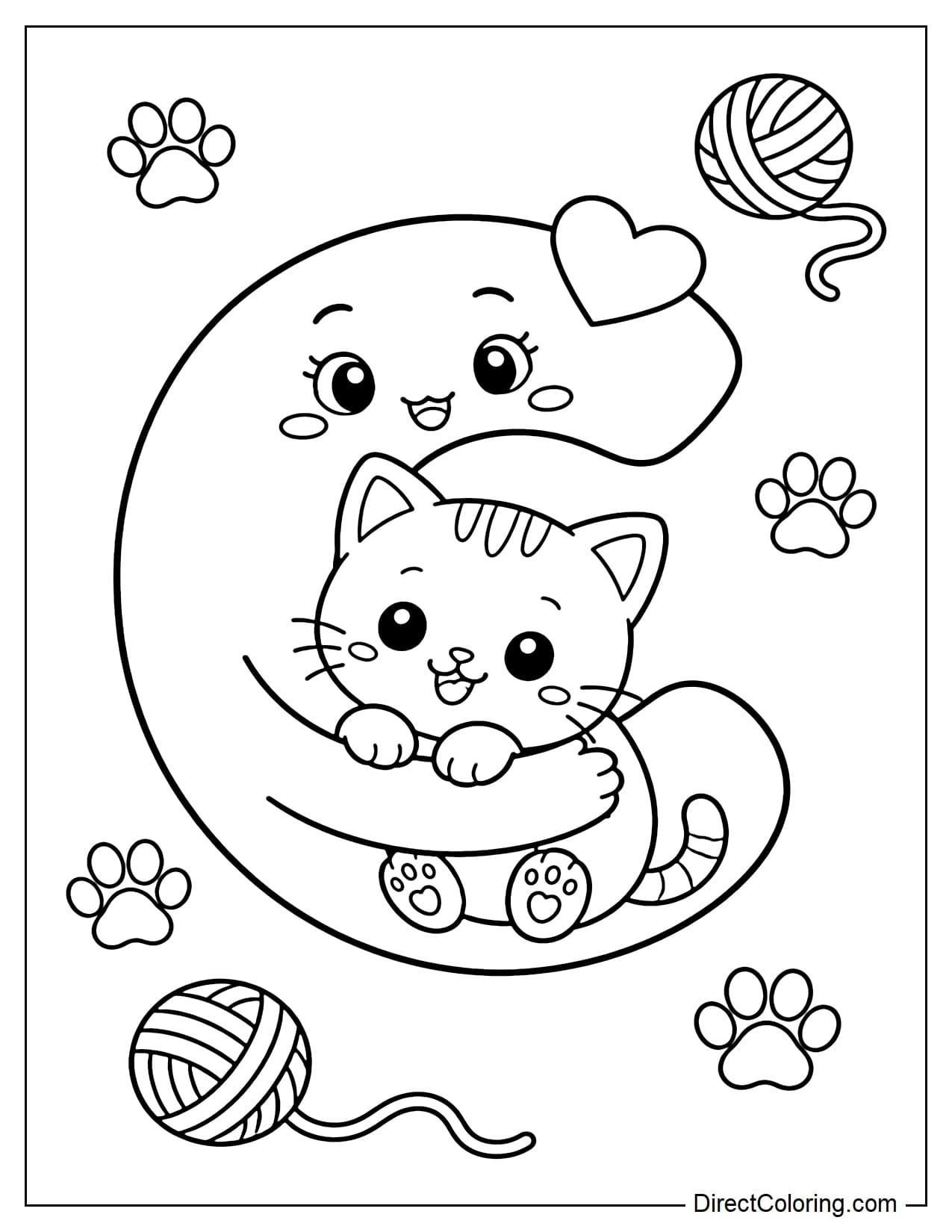 The adorable letter C is hugging a cute kitten. Surrounding them are some cat paw prints and a ball of yarn.