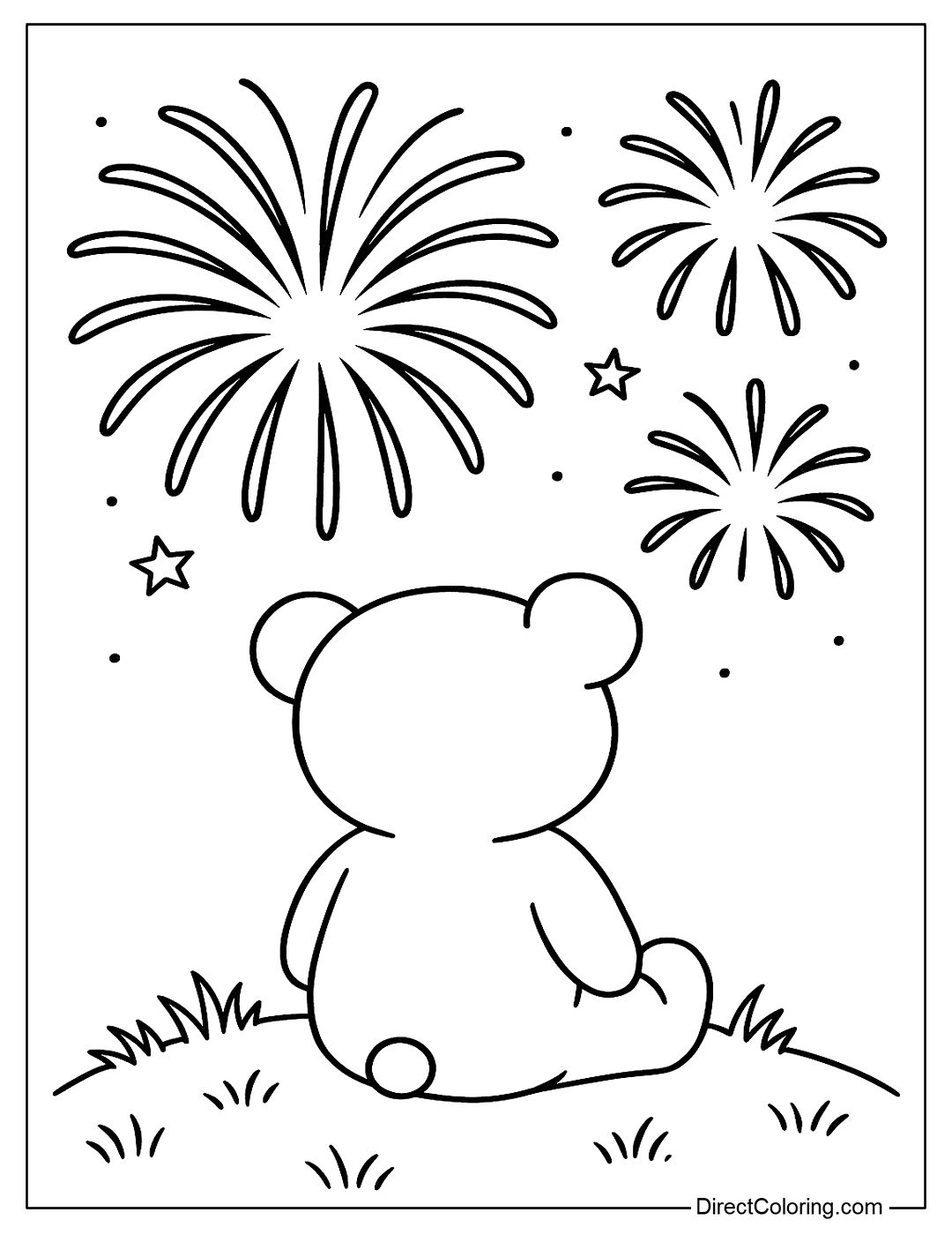 Coloring page of a teddy bear sitting on the grass watching fireworks explode in the night sky