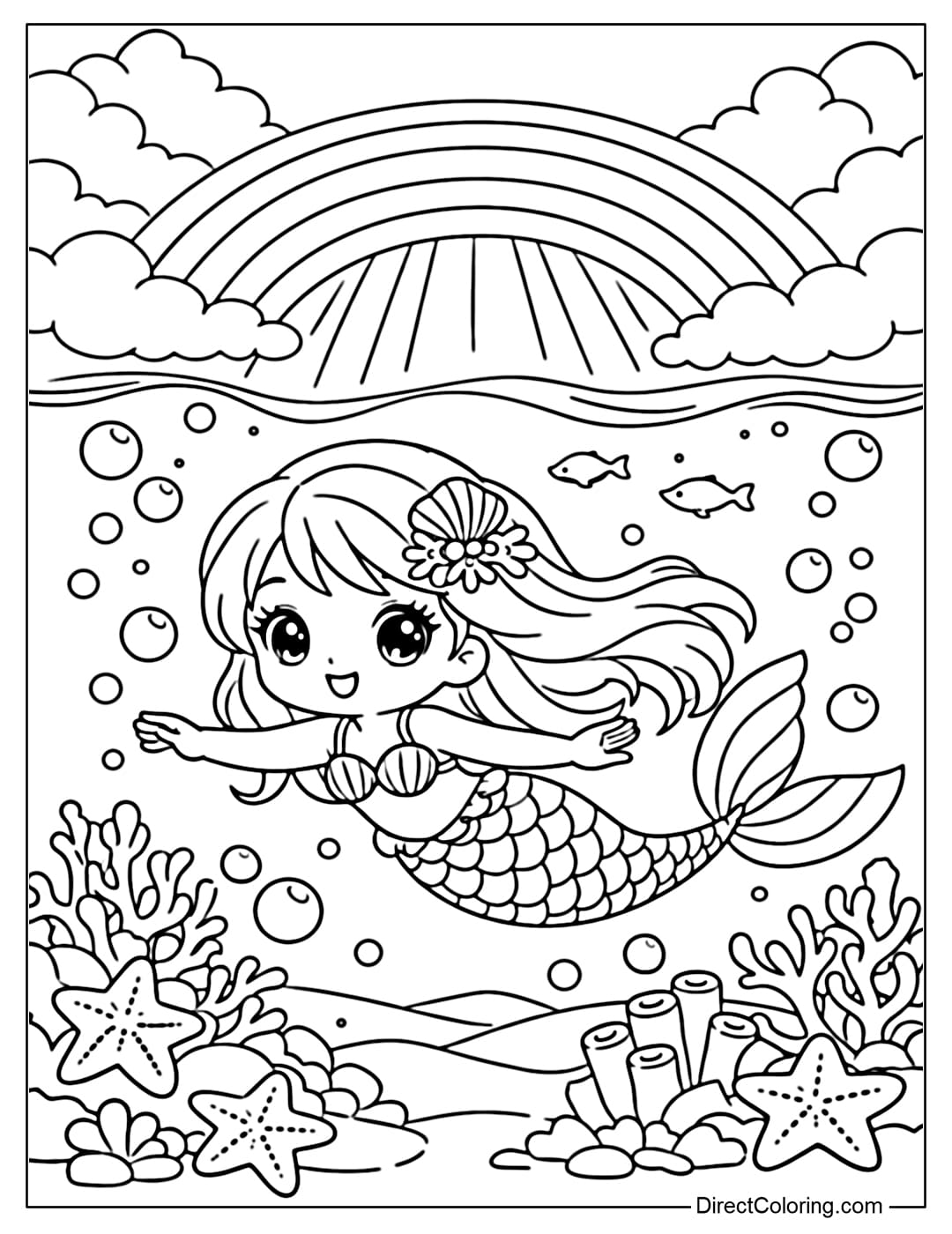 A cute mermaid under the ocean, with a large shining rainbow above.