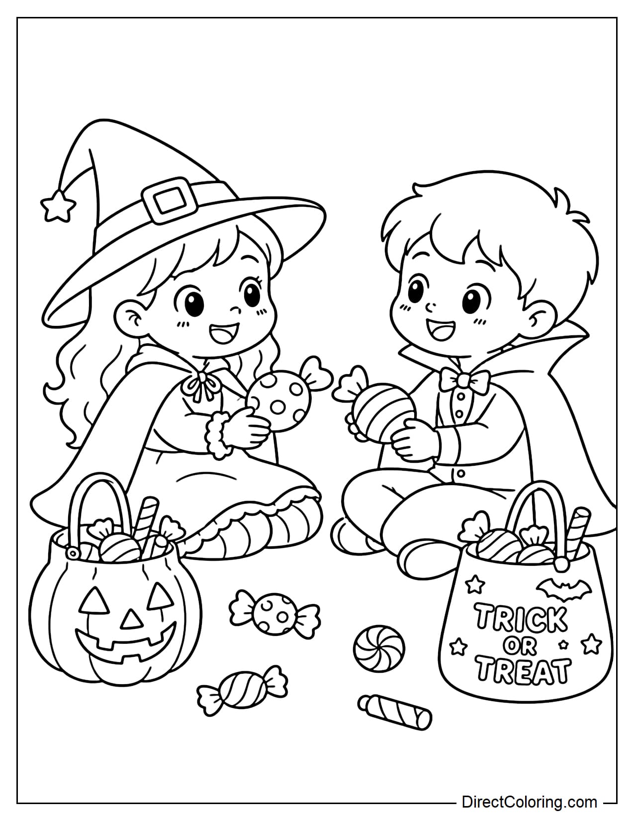 Two best friends sit facing each other, happily trading large pieces of candy, with two Trick or Treat bags and a few candies scattered on the floor beside them.