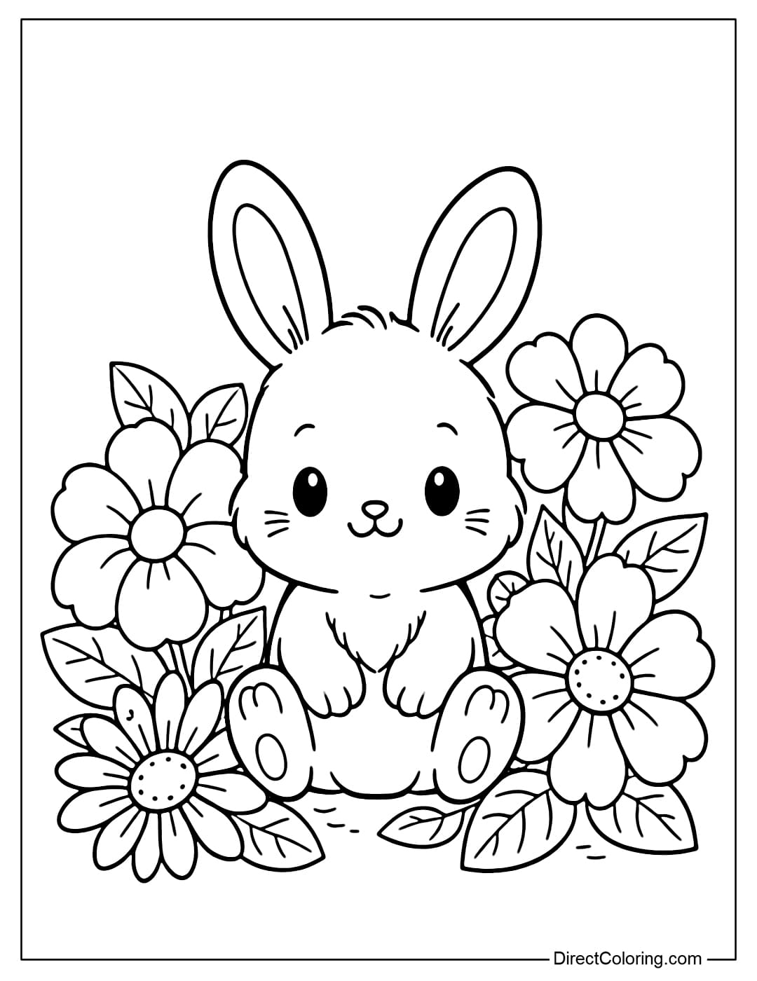 A cute bunny sitting among some large, vibrant May flowers.