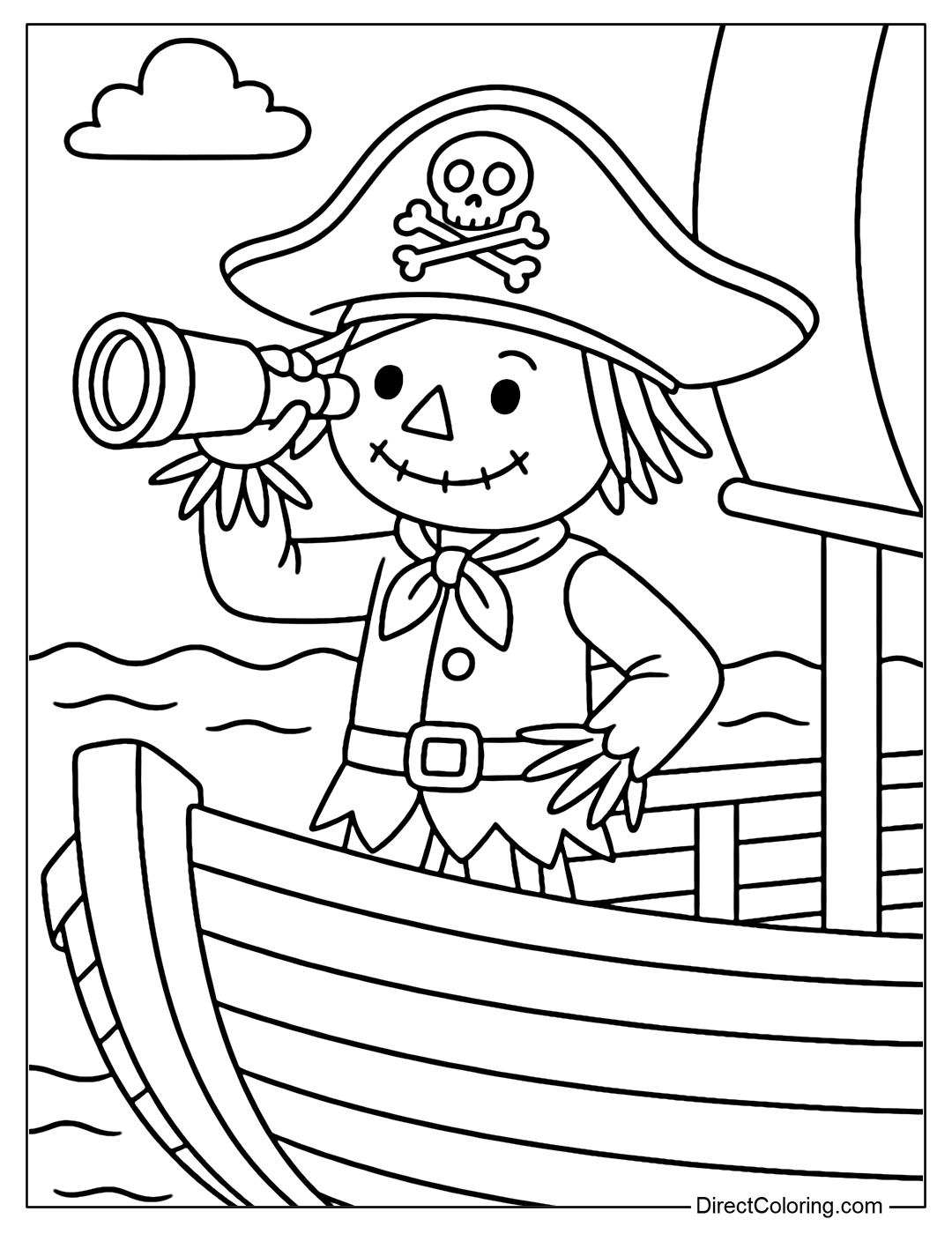 Scarecrow Coloring Page, wearing a skull-shaped hat, holding binoculars, standing on a wooden boat.