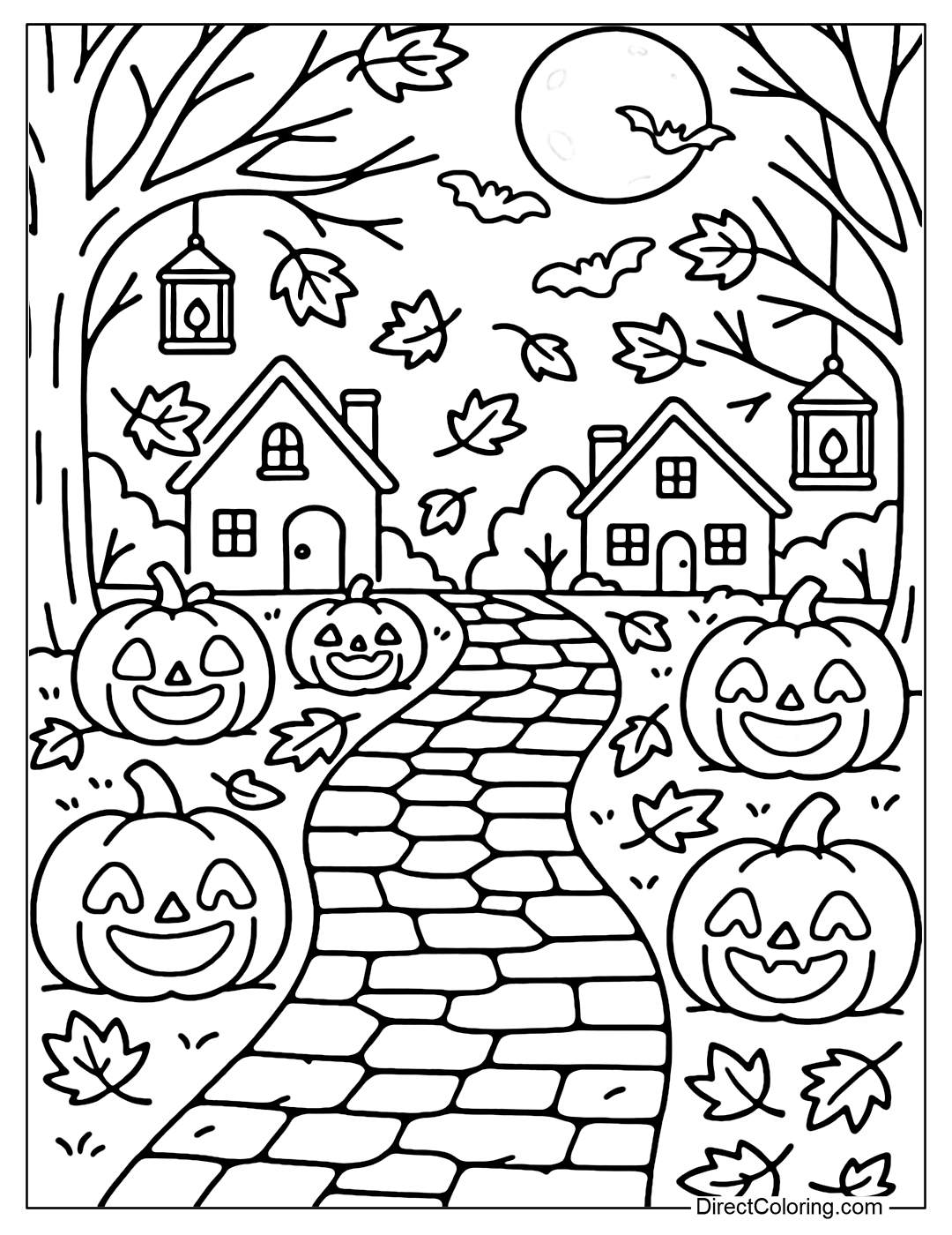 A stone path coloring page in the autumn village, lined with long rows of Halloween pumpkins carved with smiley faces.