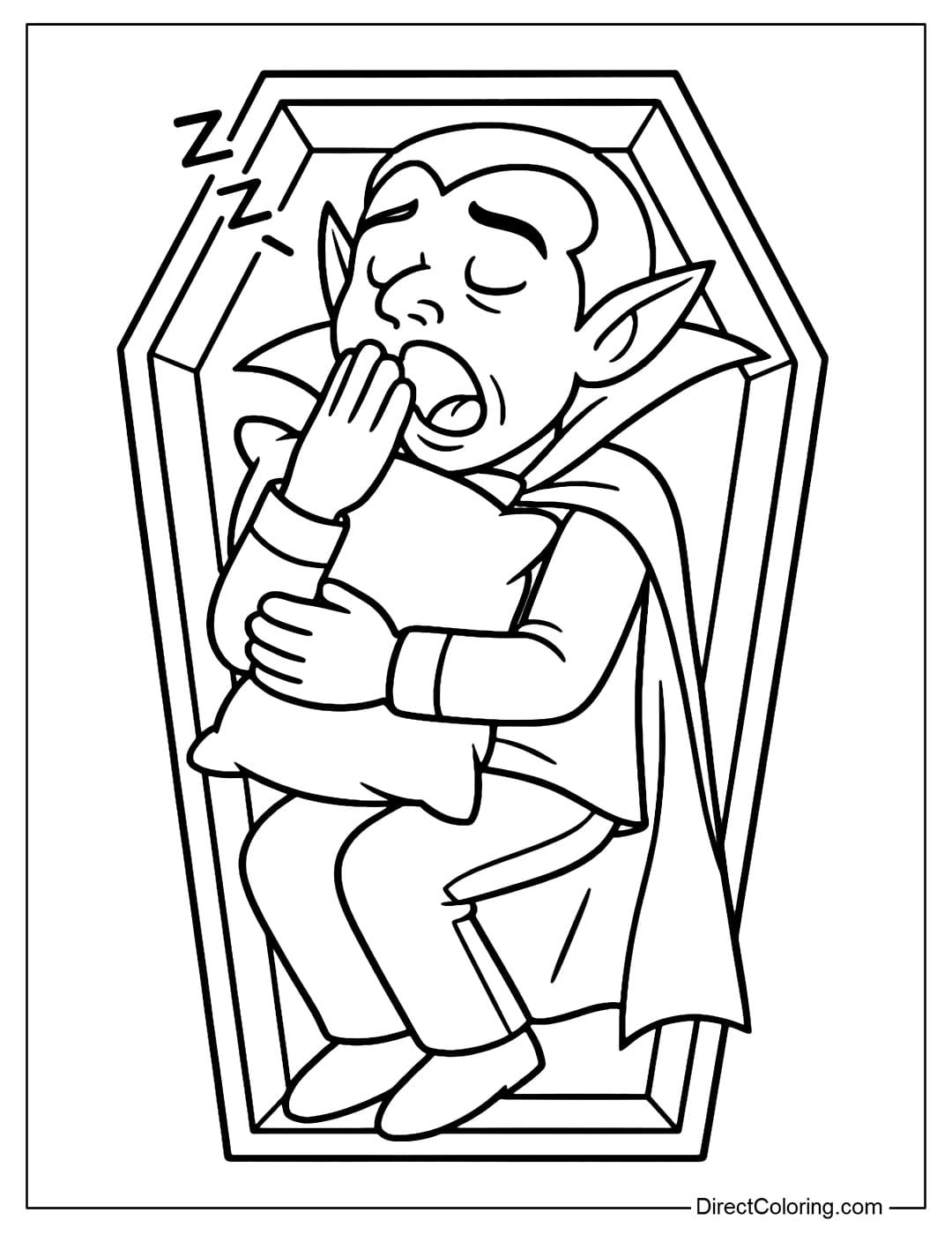 Funny Sleepy Vampire Coloring Page A vampire coloring page yawning, hugging a pillow and sleeping comfortably in a coffin.