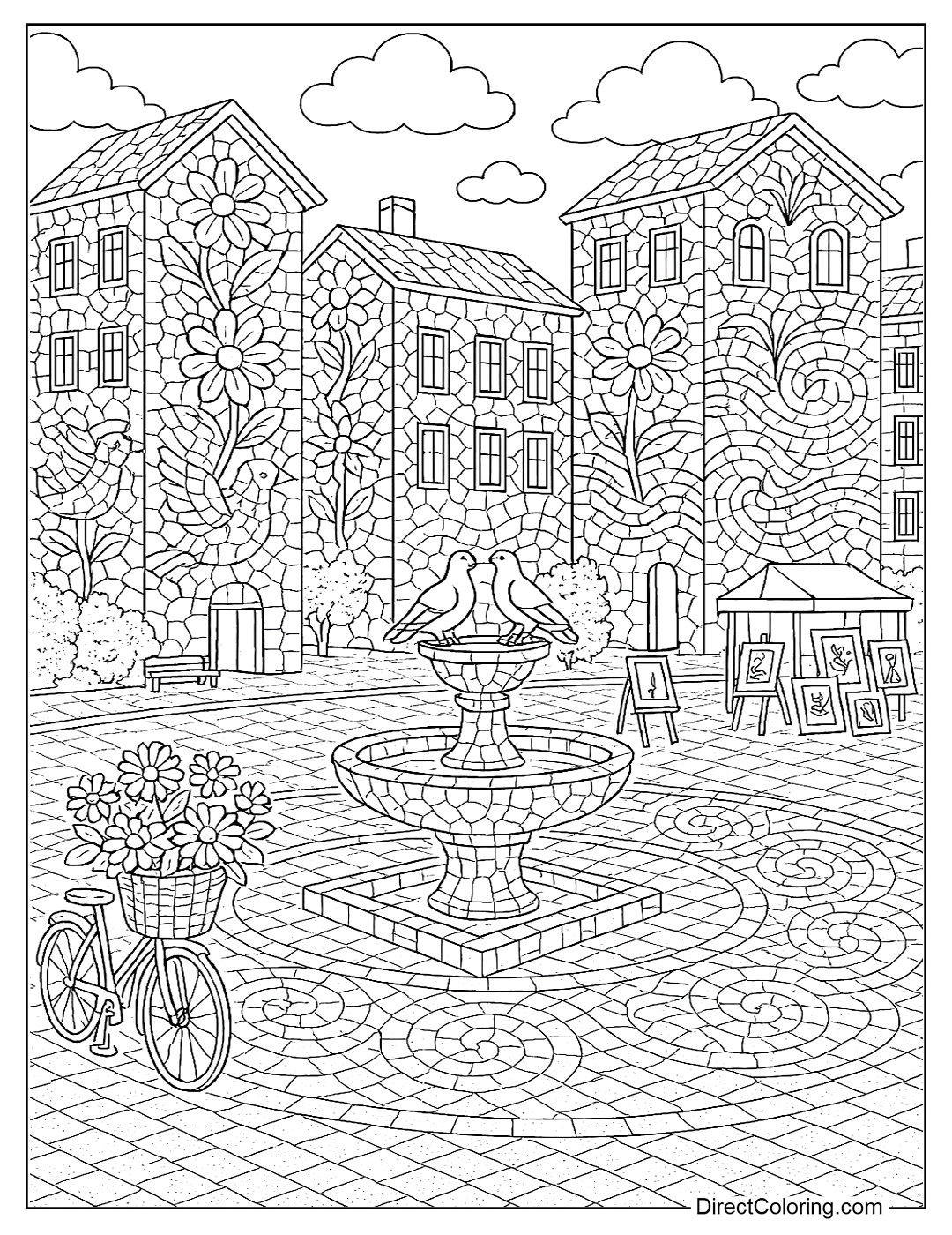 A city with buildings covered in colorful mosaic tiles, creating a picture of flowers, birds, and waves coloring