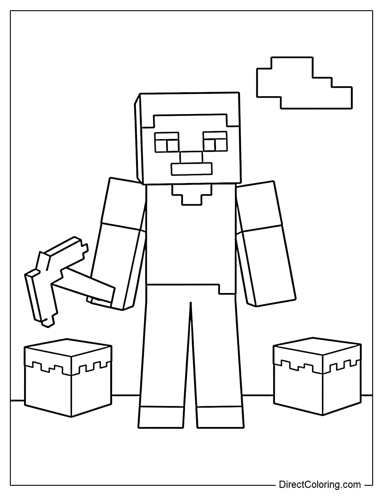Steve stands upright in the center of the page, holding a pickaxe at his side in a simple pose.