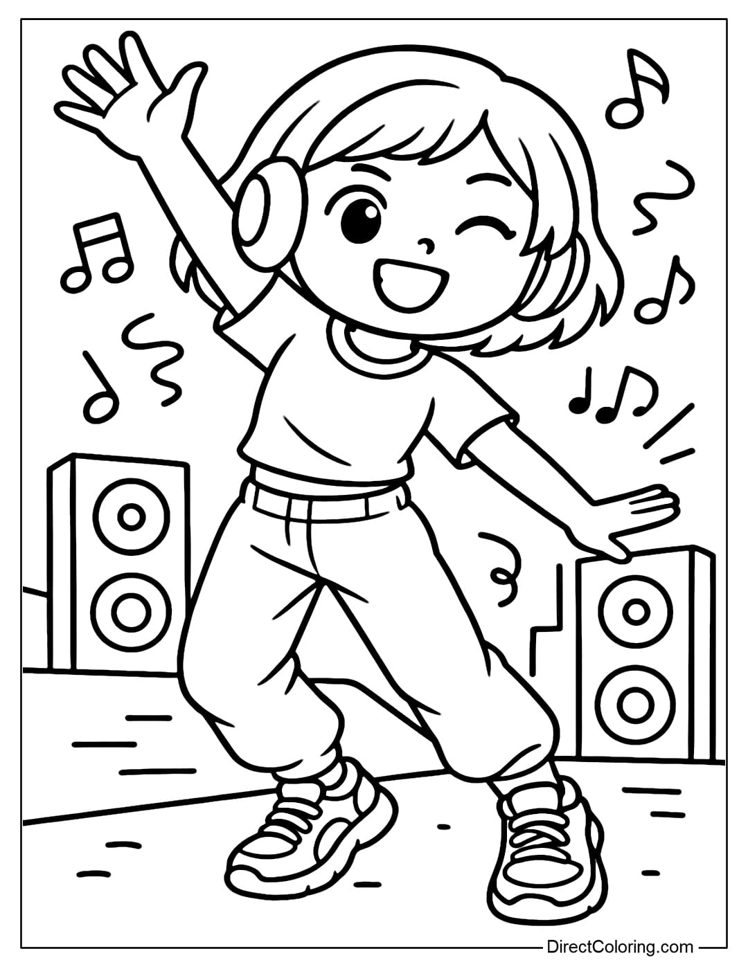 A coloring page of a girl with short, stylish hair, posing for hip-hop dance, wearing large DJ headphones on her shoulders.