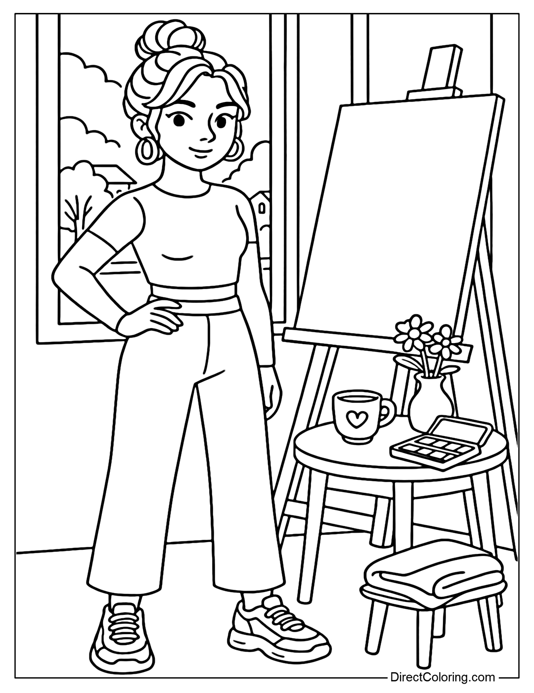 A coloring page of a girl standing on an easel next to a tall window. A small table next to it has a cup of coffee, a vase of flowers, a box of paint, and a folded blanket.