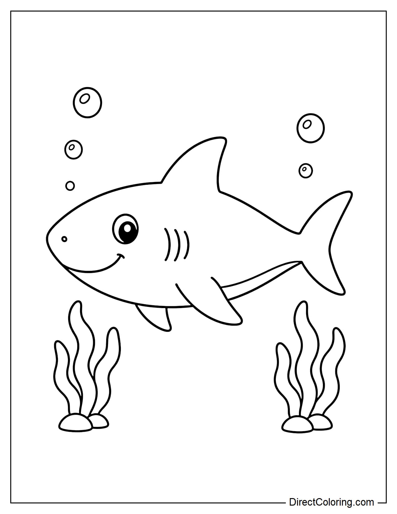 A cute shark swimming sideways, with a round body, a slight smile, and naturally extended fins. Around it are a few round bubbles and two small clumps of seaweed.