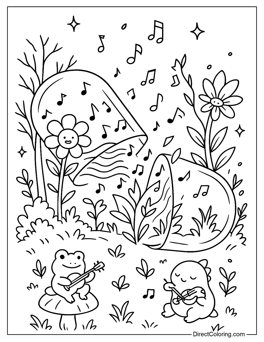 Coloring page of a glowing capsule like a speaker, from inside comes out a stream of music with sound waves and notes flying up, with little creatures playing the piano