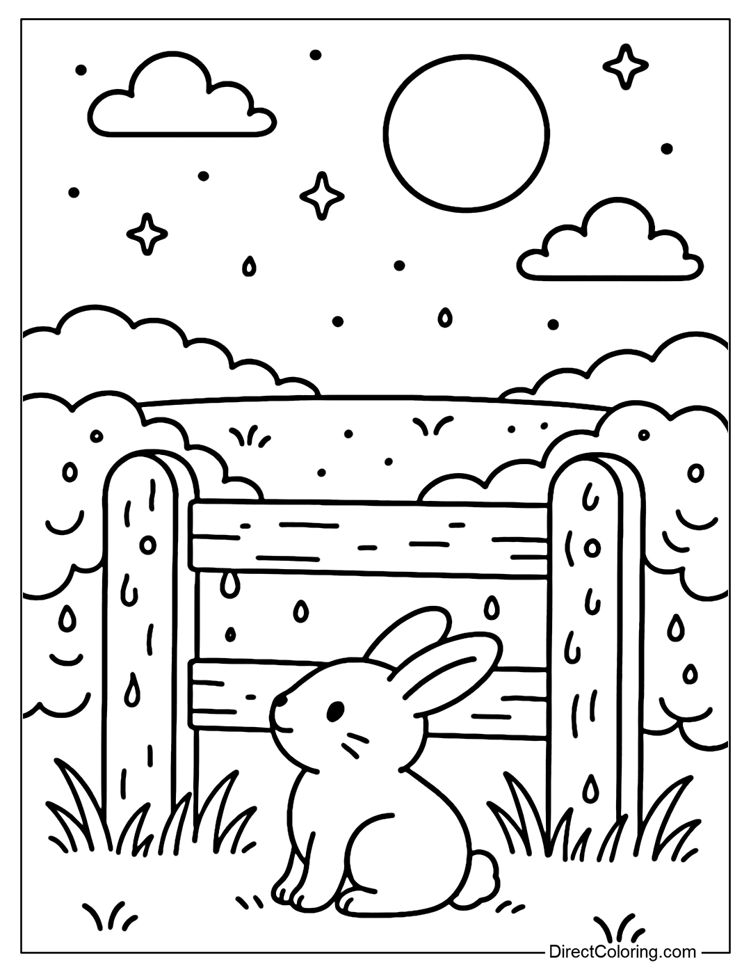 A frosty fence coloring page under the bright moonlight, with a little rabbit sitting and watching the sparkling starry sky.