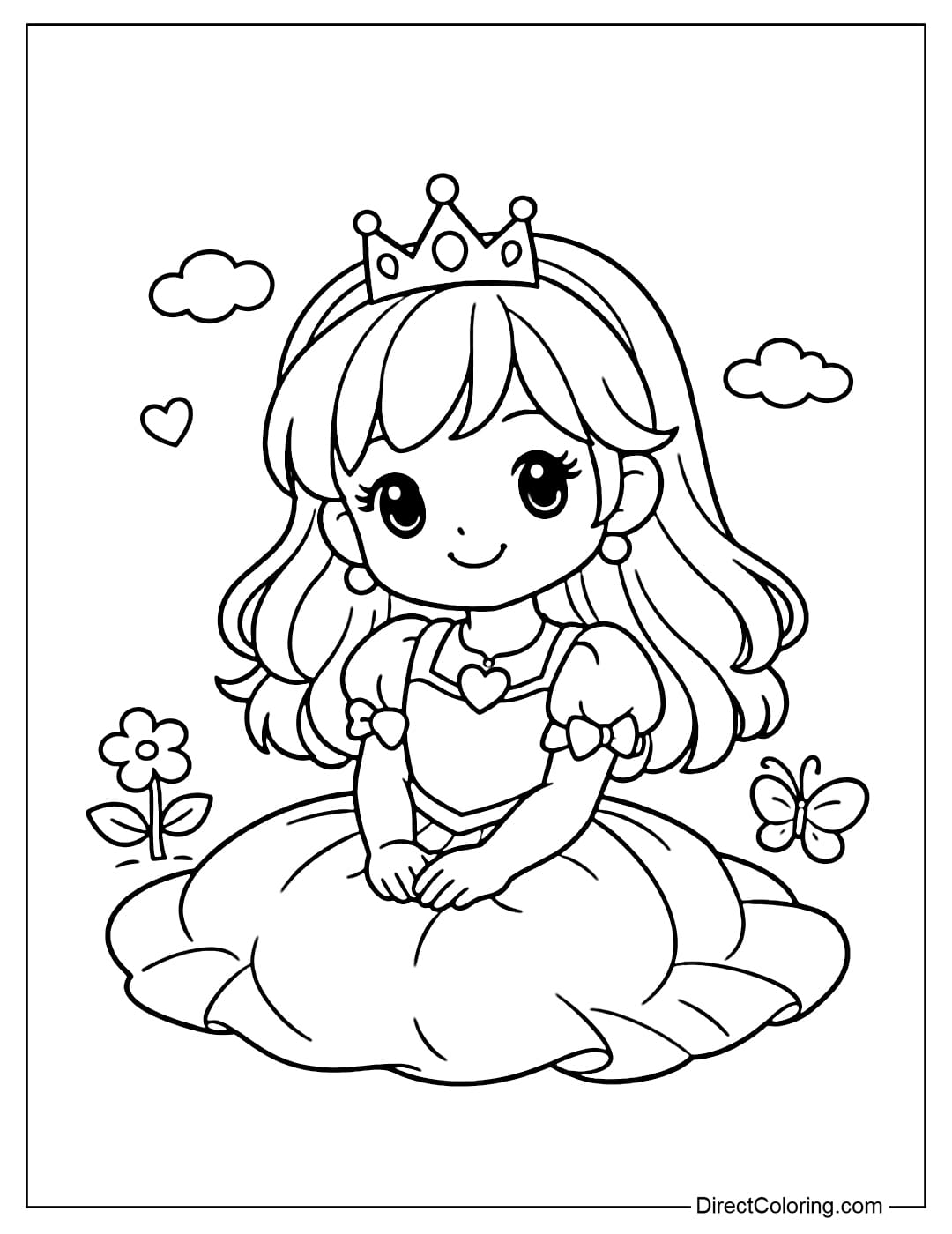 A coloring page of a princess sitting on the ground with a cute smile.