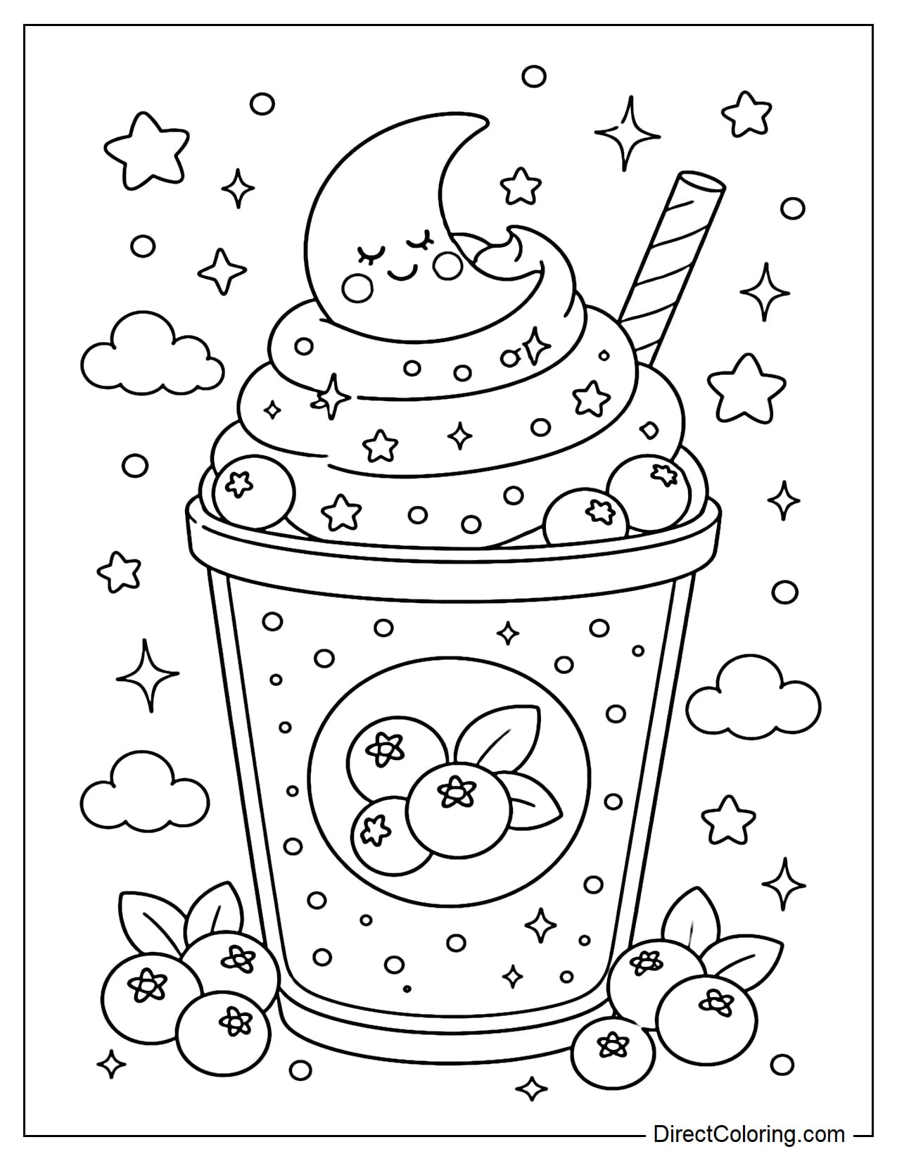 A large blueberry smoothie with a swirling cream topping shaped like a soft moon. Surrounding it are round stars, small clouds, and a few sparkling toppings.