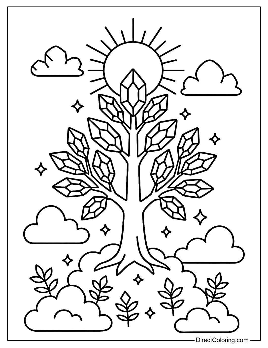 A giant tree coloring page glowing in the sky, the leaves are crystals shimmering like gemstones.
