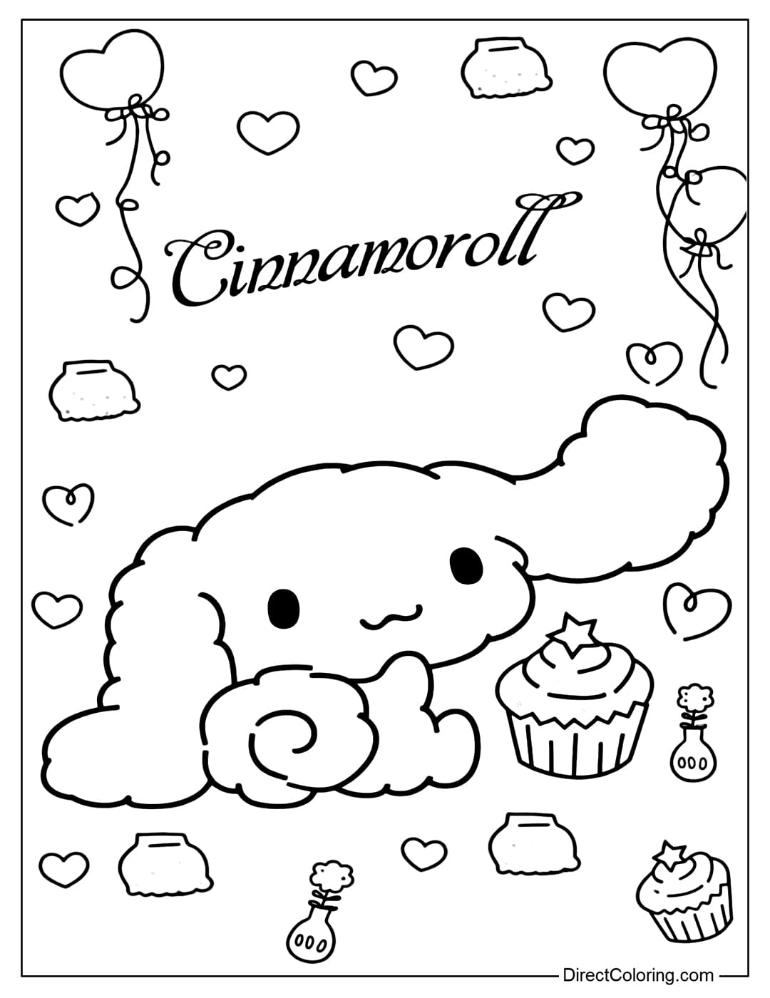 A coloring page of Cinnamoroll sitting next to a cupcake, surrounded by heart-shaped balloons and small hearts.