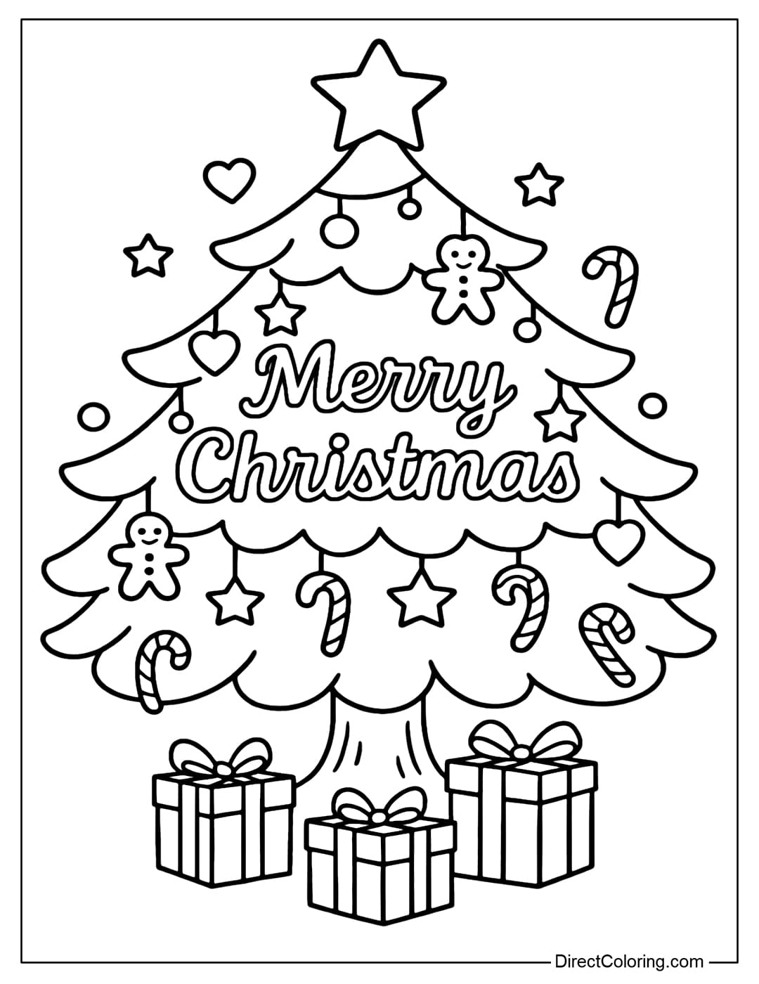 A round pine tree coloring page, on which are hung heart-shaped baubles, stars, gingerbread and twisted candy. In the middle of the tree trunk is the words Merry Christmas.