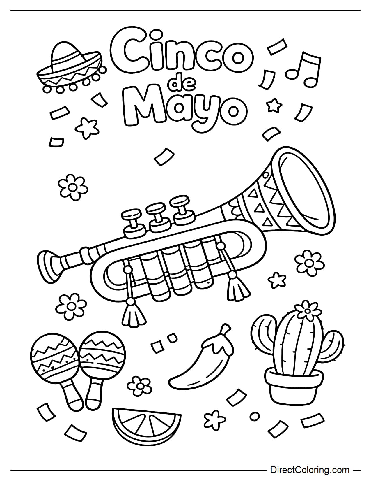 A Cinco de Mayo trumpet is decorated with vibrant tribal patterns, surrounded by Cinco de Mayo symbols such as sombreros, maracas, potted cacti, chili peppers, lemon slices, musical notes, flowers, and scraps of paper.