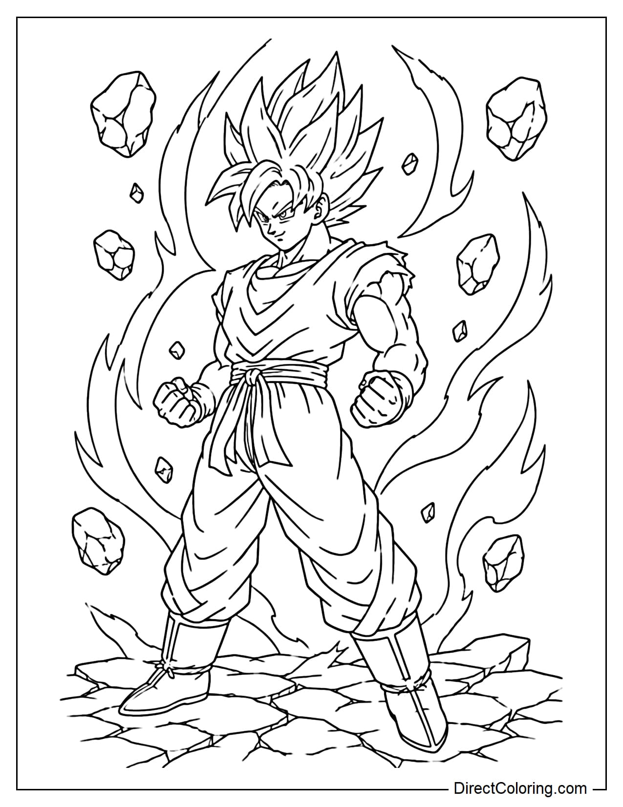 Goku is transforming into a Super Saiyan, standing on a cracked rock ground, his hands clenched, his martial arts robe slightly torn, surrounded by large halos.