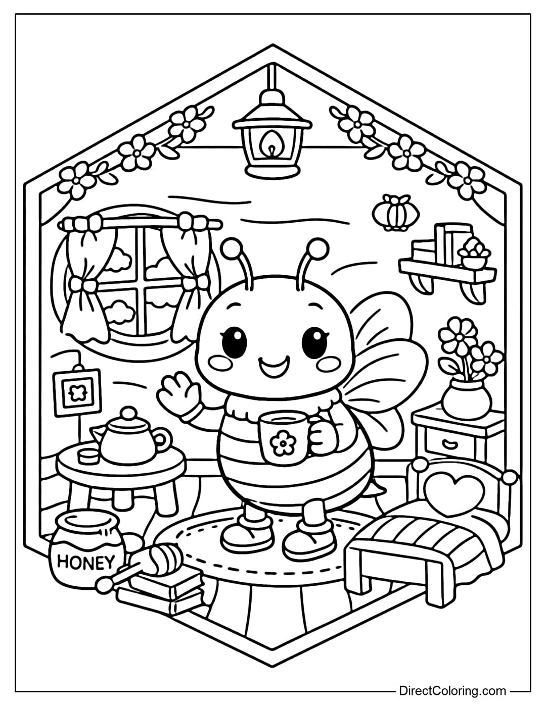 A coloring page featuring a bee standing inside a hexagonal honeycomb, like a cozy little house with windows and cute mini objects.