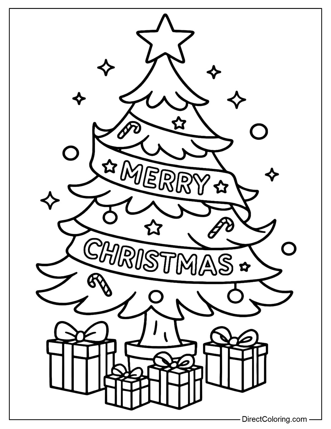 Merry Christmas tree coloring page with a multi-layered curved tree.