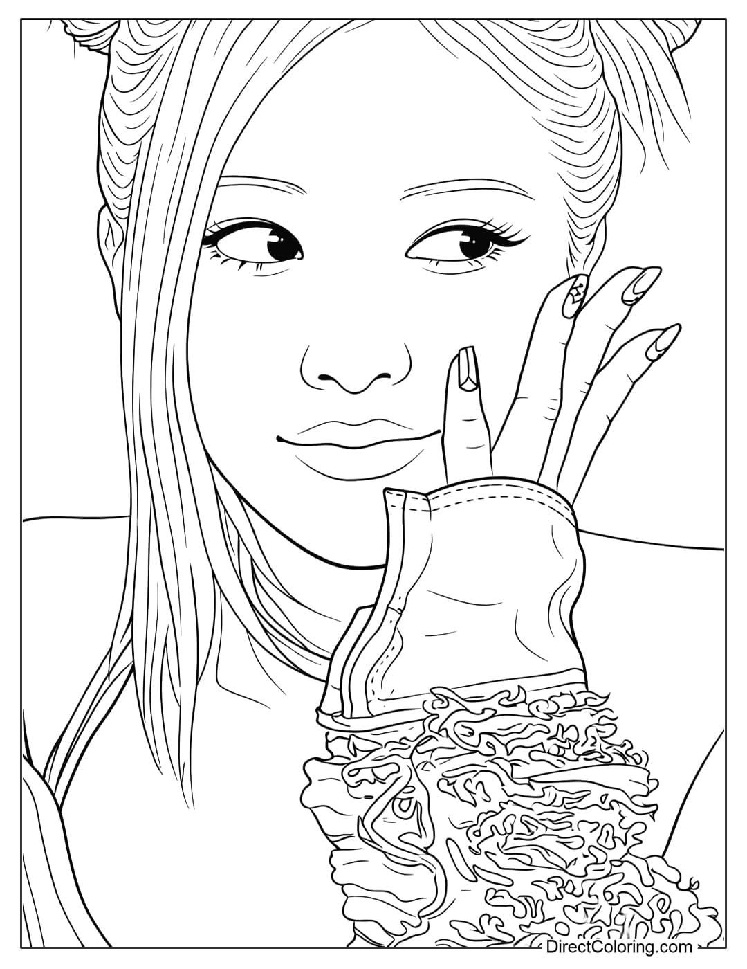 A beautiful Rosé Blackpink coloring page featuring a gentle smile, long hair neatly tied back, a light touch to her cheek, and a striking ruffled sleeve outfit.