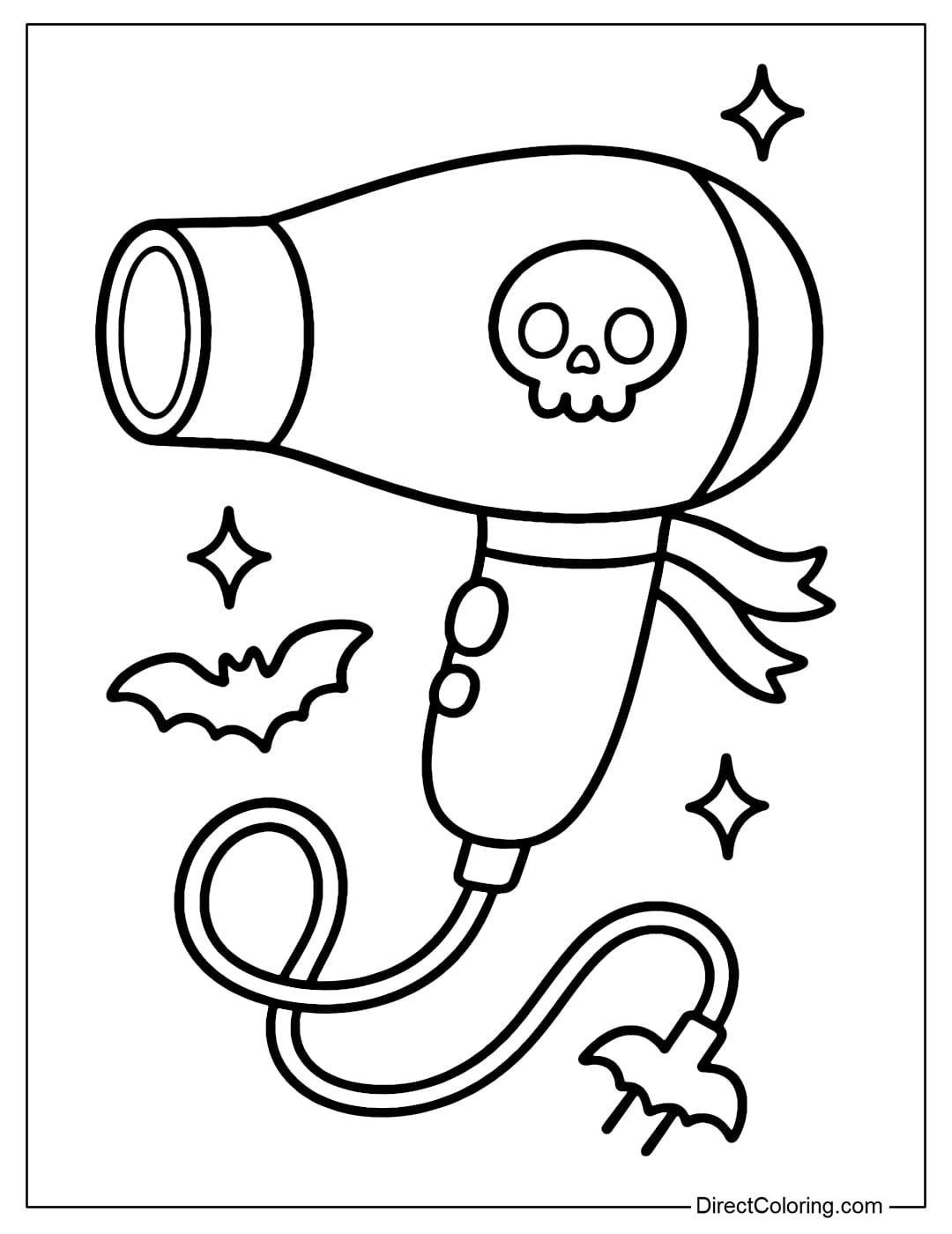 A hairdryer coloring page with a mini skull, a bat-shaped power cord, and small star symbols around it.