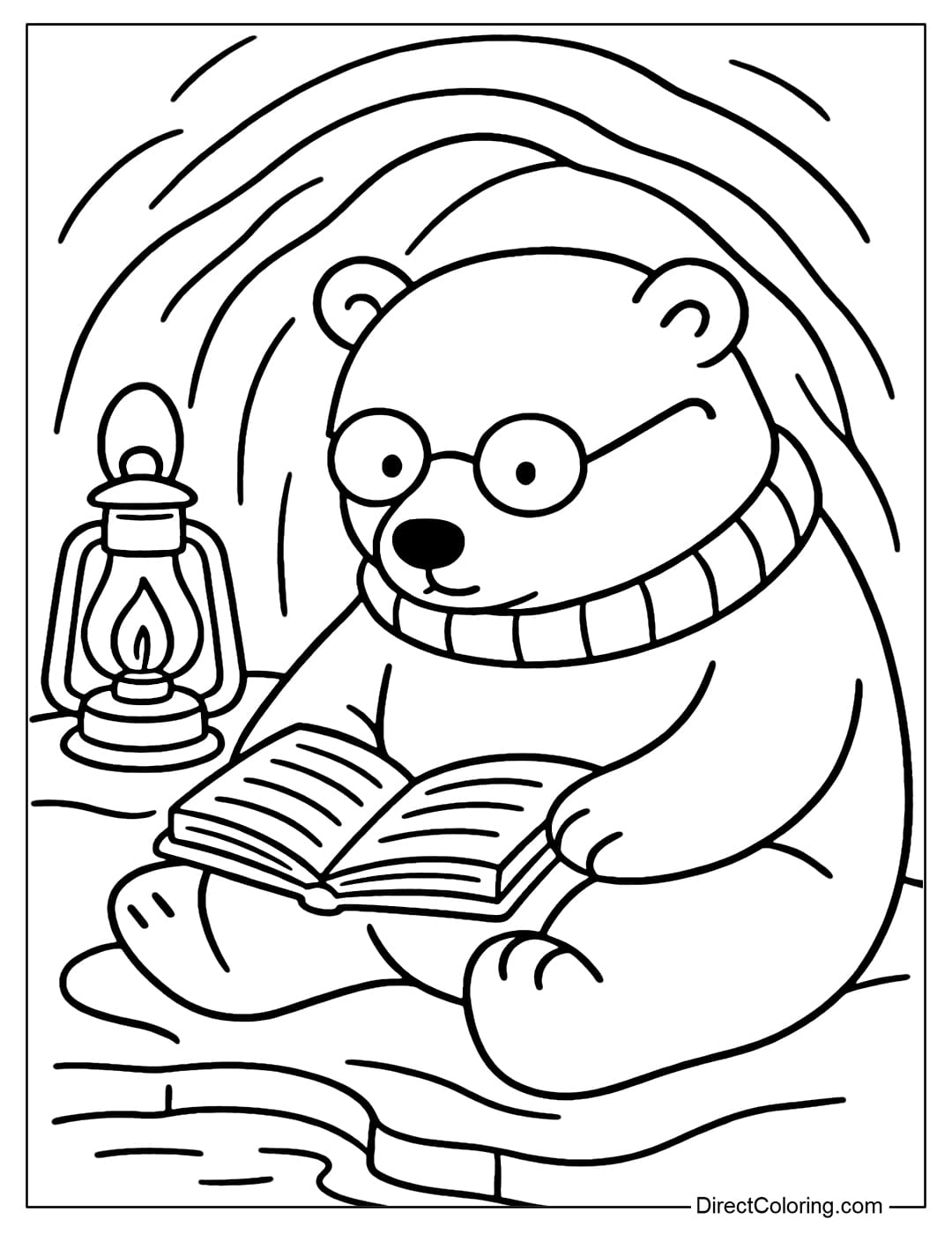 Coloring page of a polar bear wearing glasses, reading a book by an oil lamp in a snow cave.
