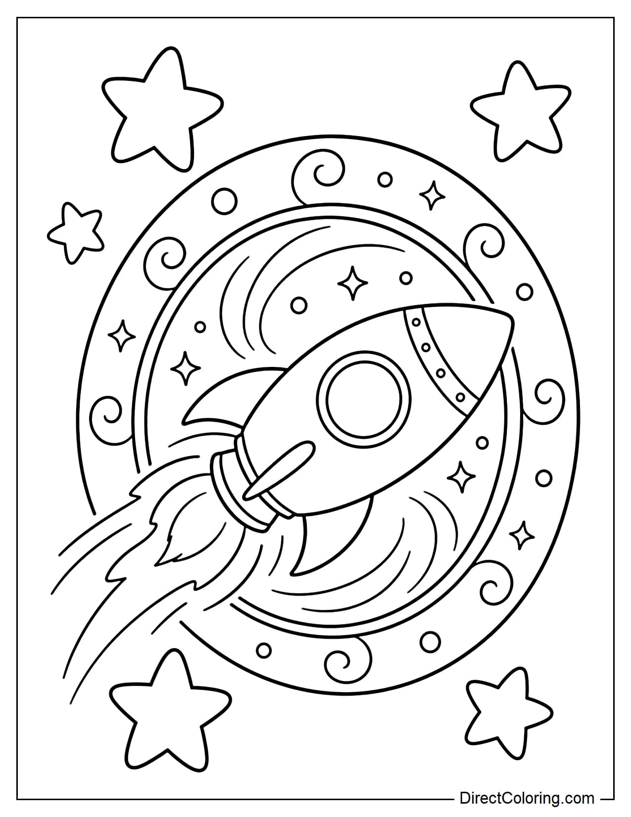 A rocket flying through a large circular space portal with simple swirling lines, surrounded by a few stars.