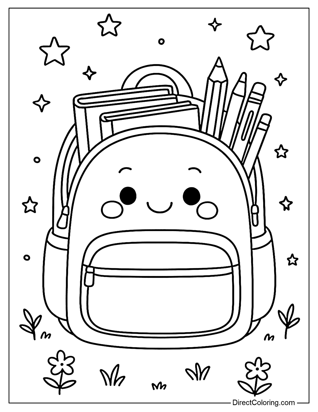 A backpack coloring page with a smiling face, full of books and pens, and a background of stars and grass.