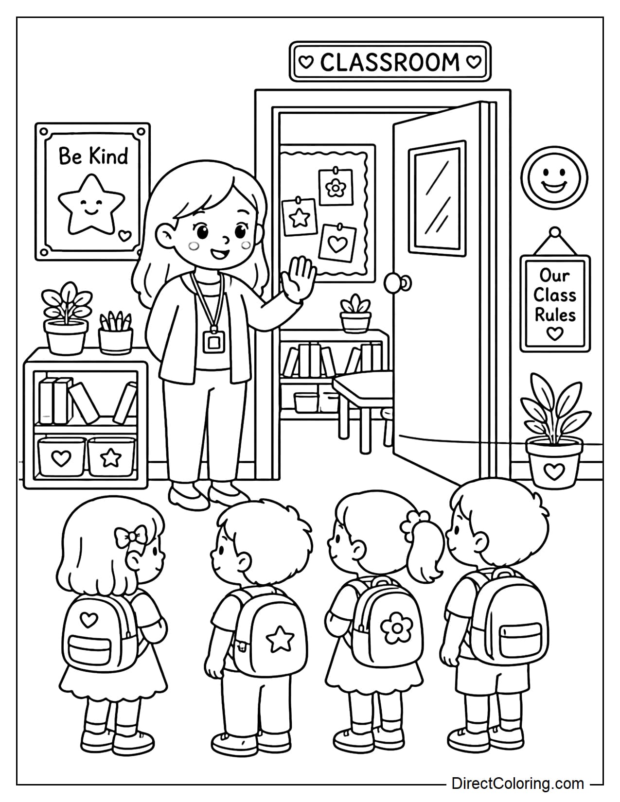 The children are lining up neatly in front of the classroom door, the teacher standing in front gently gesturing, with some classroom details around them.