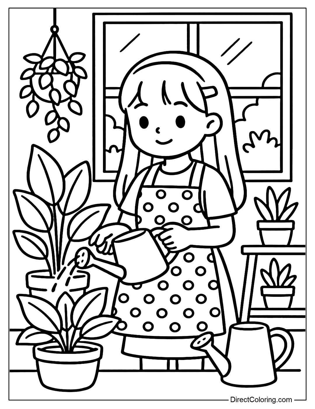A coloring page of a girl watering plants in the living room. Surrounded by large potted plants, hanging plants, a watering can and a wooden shelf.
