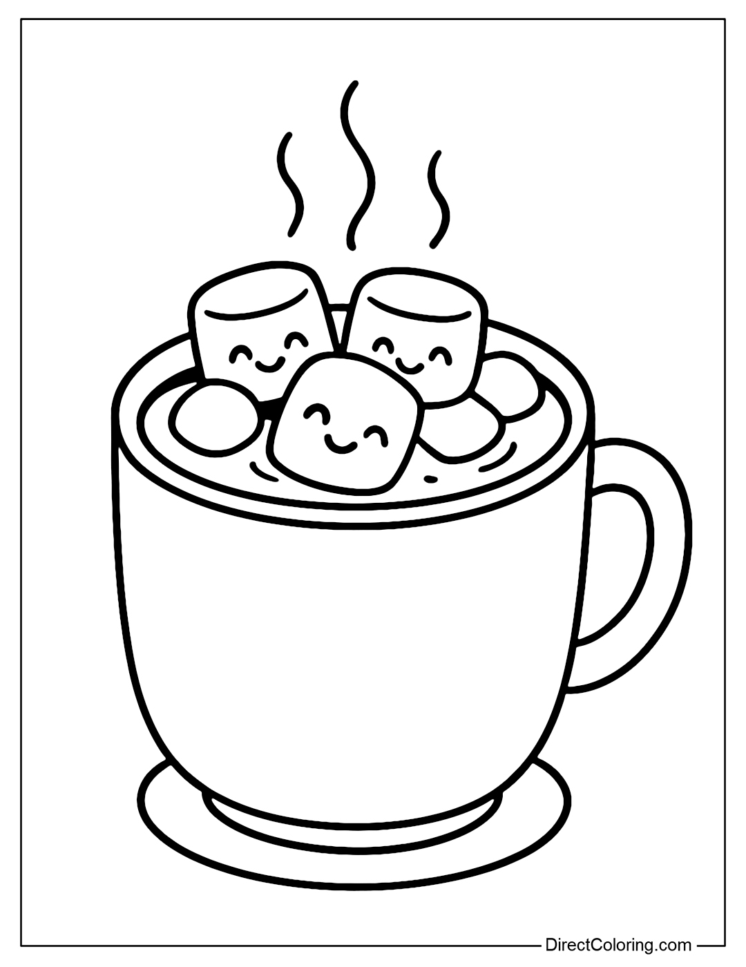A hot chocolate cup coloring page filled with smiling marshmallows, a few marshmallows hugging each other floating on the surface, super cute.