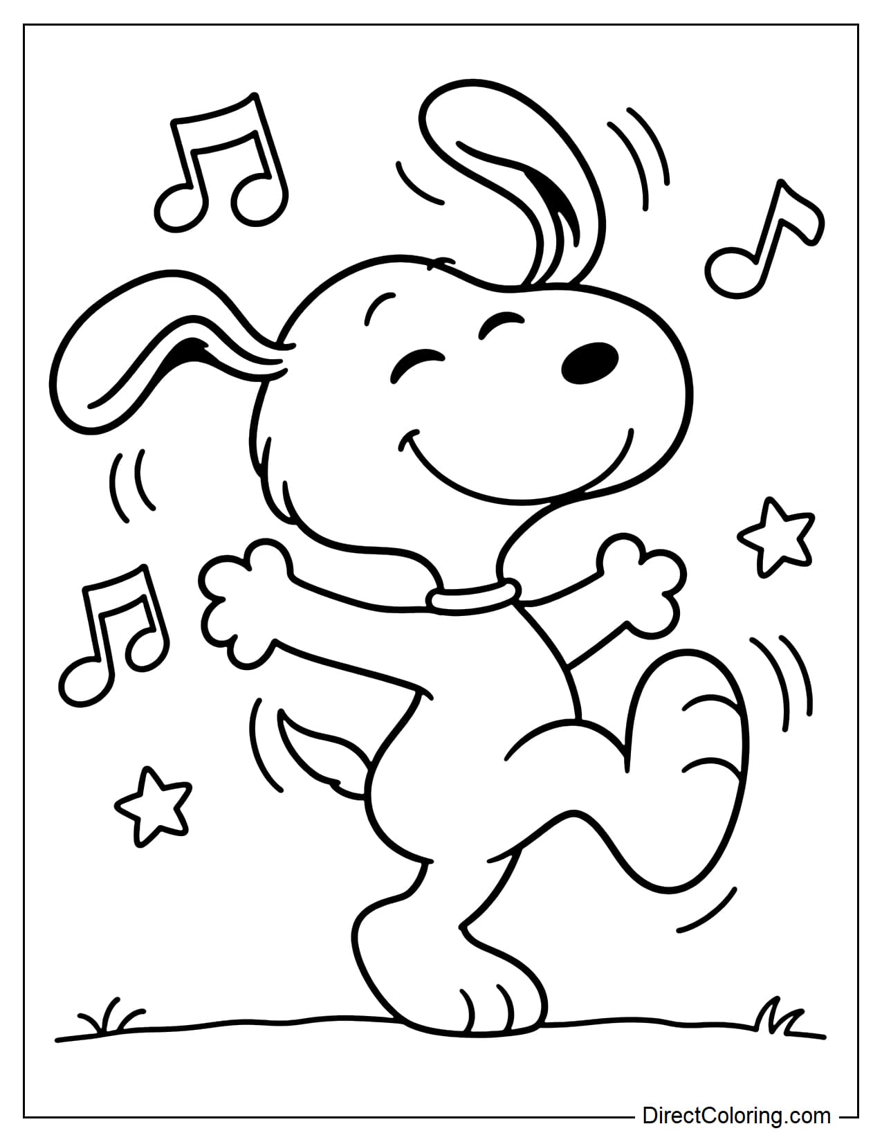 Snoopy dances joyfully, balancing on one foot with the other raised high and his arms spread wide. His ears lift with the movement, surrounded by four large musical notes and two small stars.