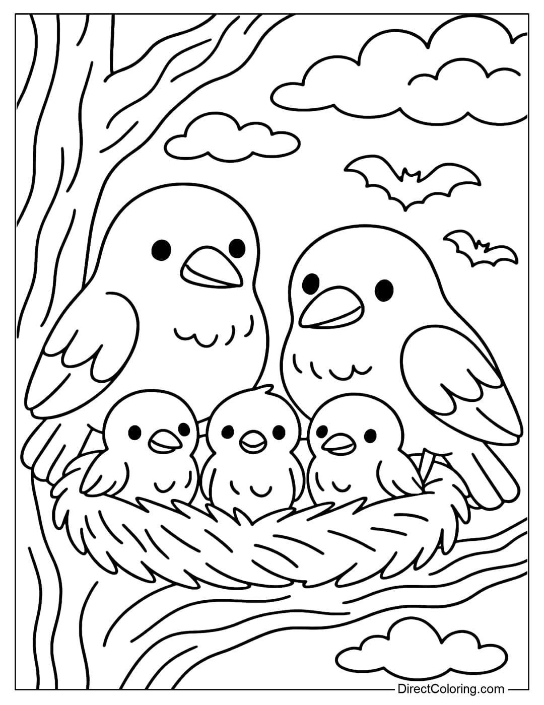 A crow family coloring page with parents and three chicks in a nest, the nest is lined with soft grass on an old tree branch.
