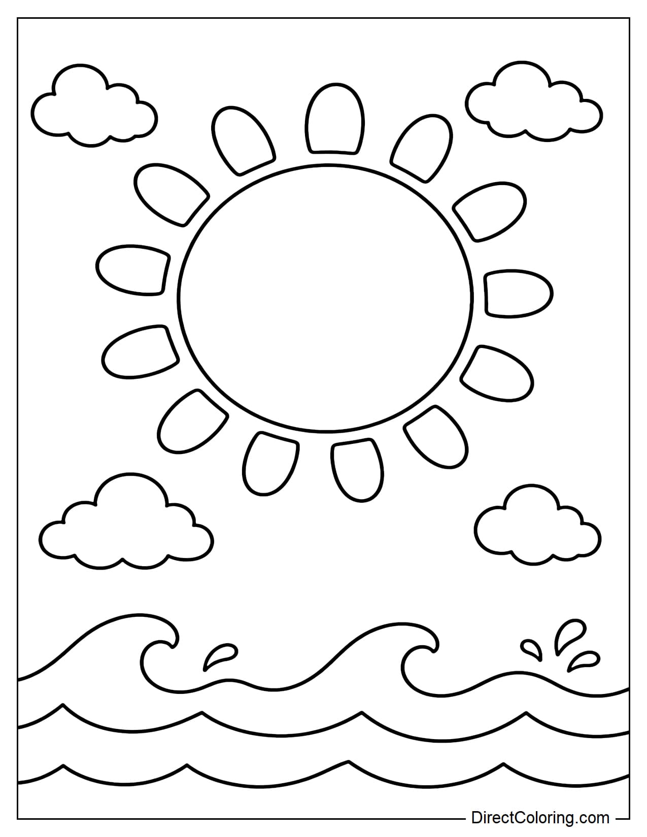 A large summer sun above simple ocean waves, with a few clouds around it.