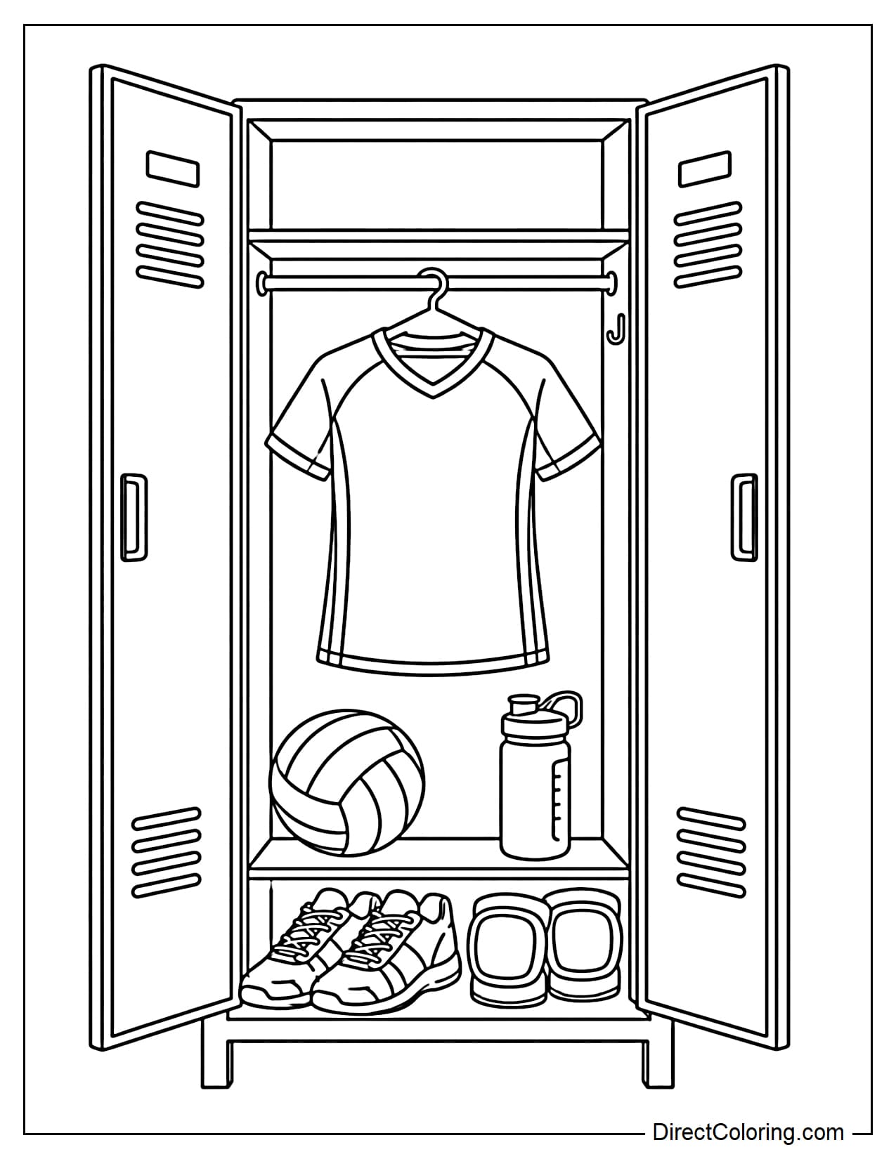An open sports locker with a volleyball jersey hanging inside, while a volleyball, pair of sneakers, knee pads, and water bottle are arranged below.