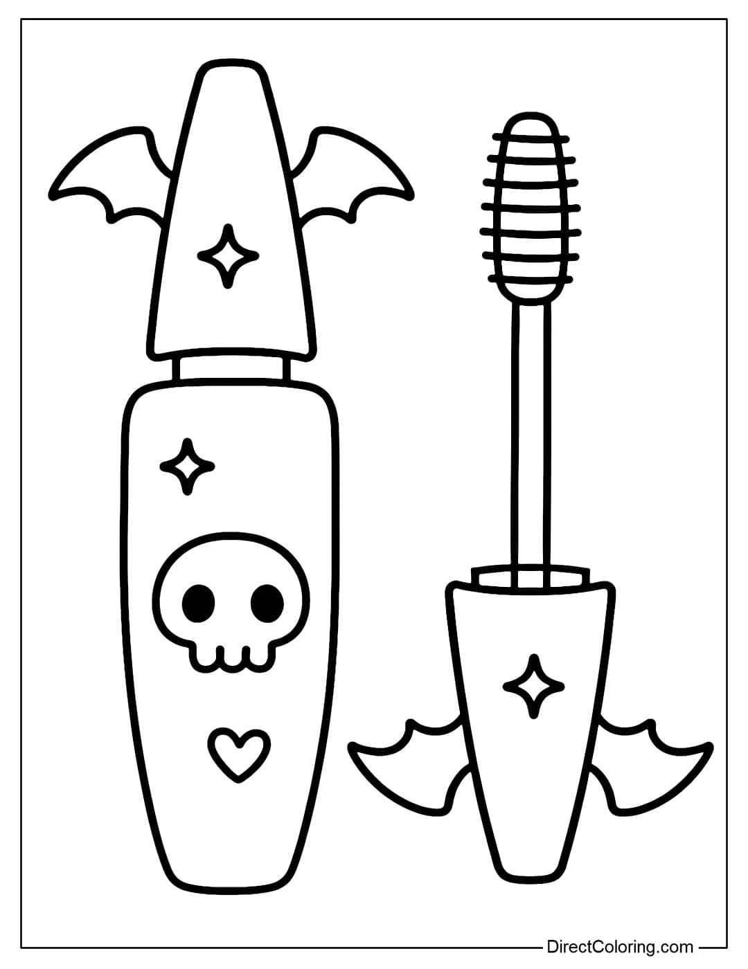 Coloring page for a mascara with a bat-shaped cap and a star and a heart on the body.