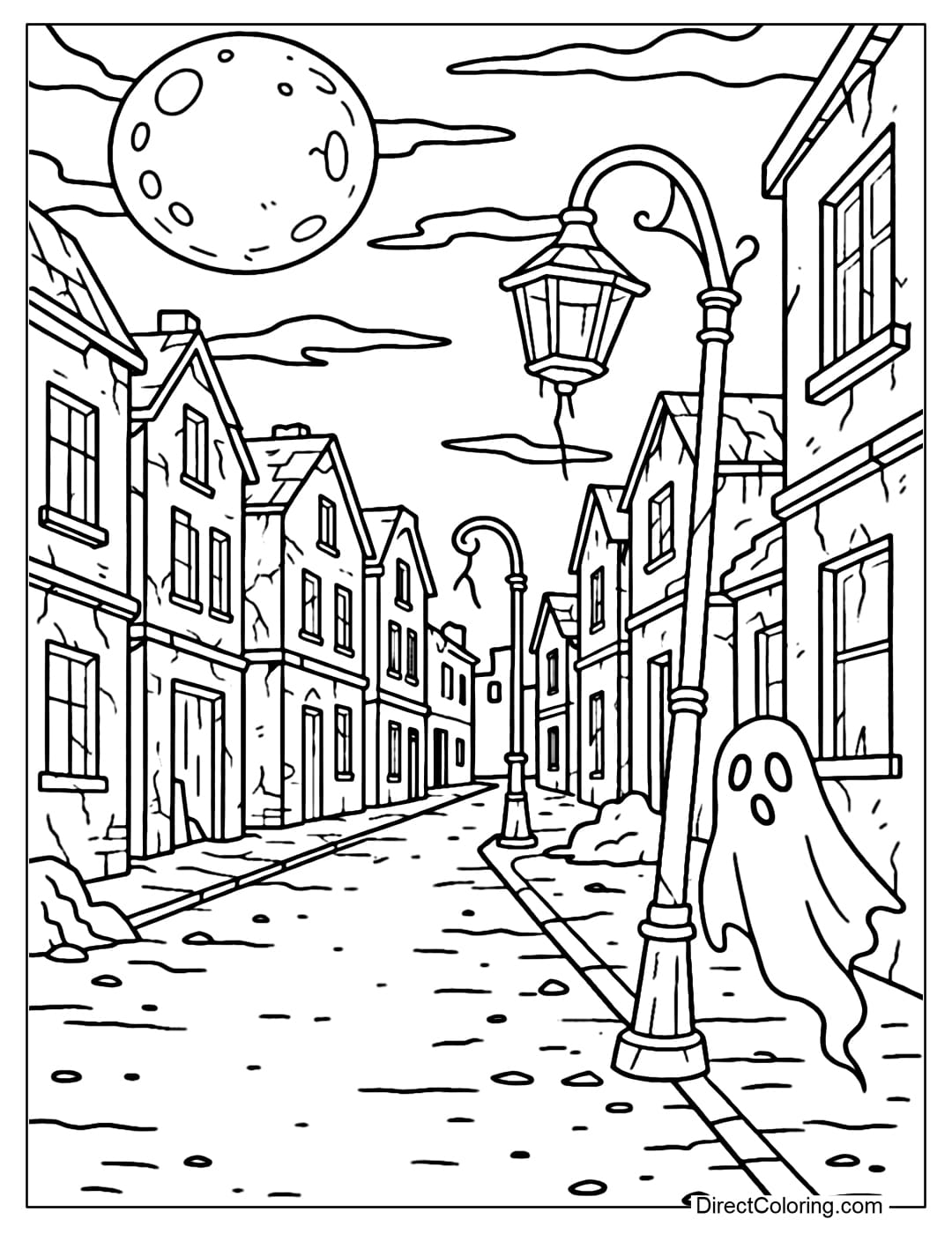 Haunted Street Coloring Page A coloring page of an abandoned street with dark houses, broken windows, dim moonlight, ghosts lurking behind broken lampposts.