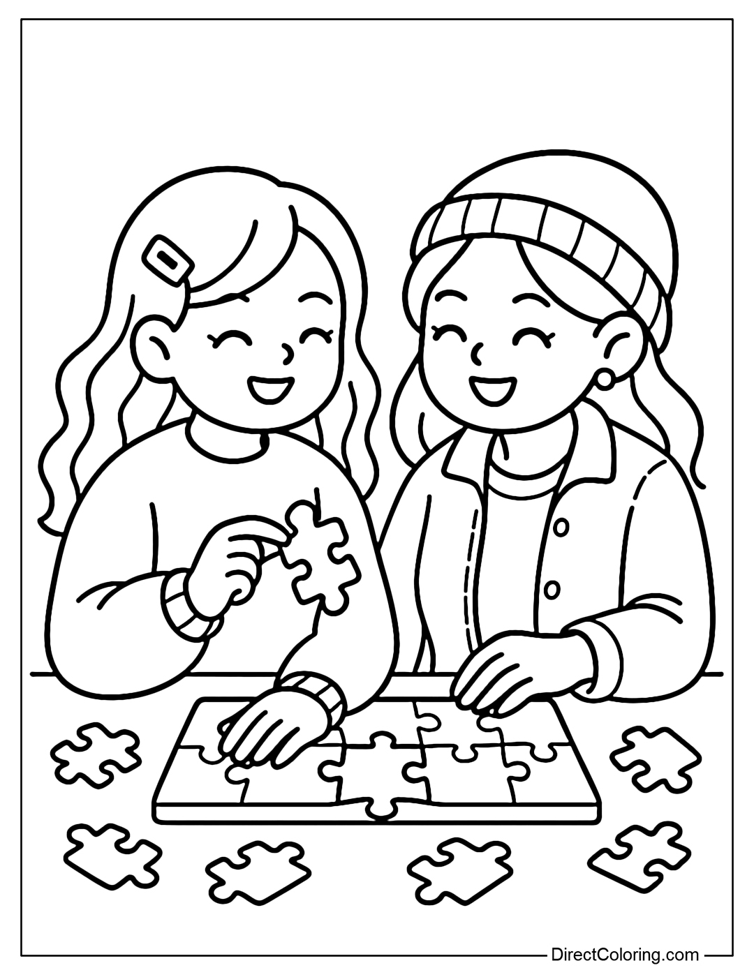 Coloring page of two girls assembling a puzzle, both laughing happily when they find the last piece.