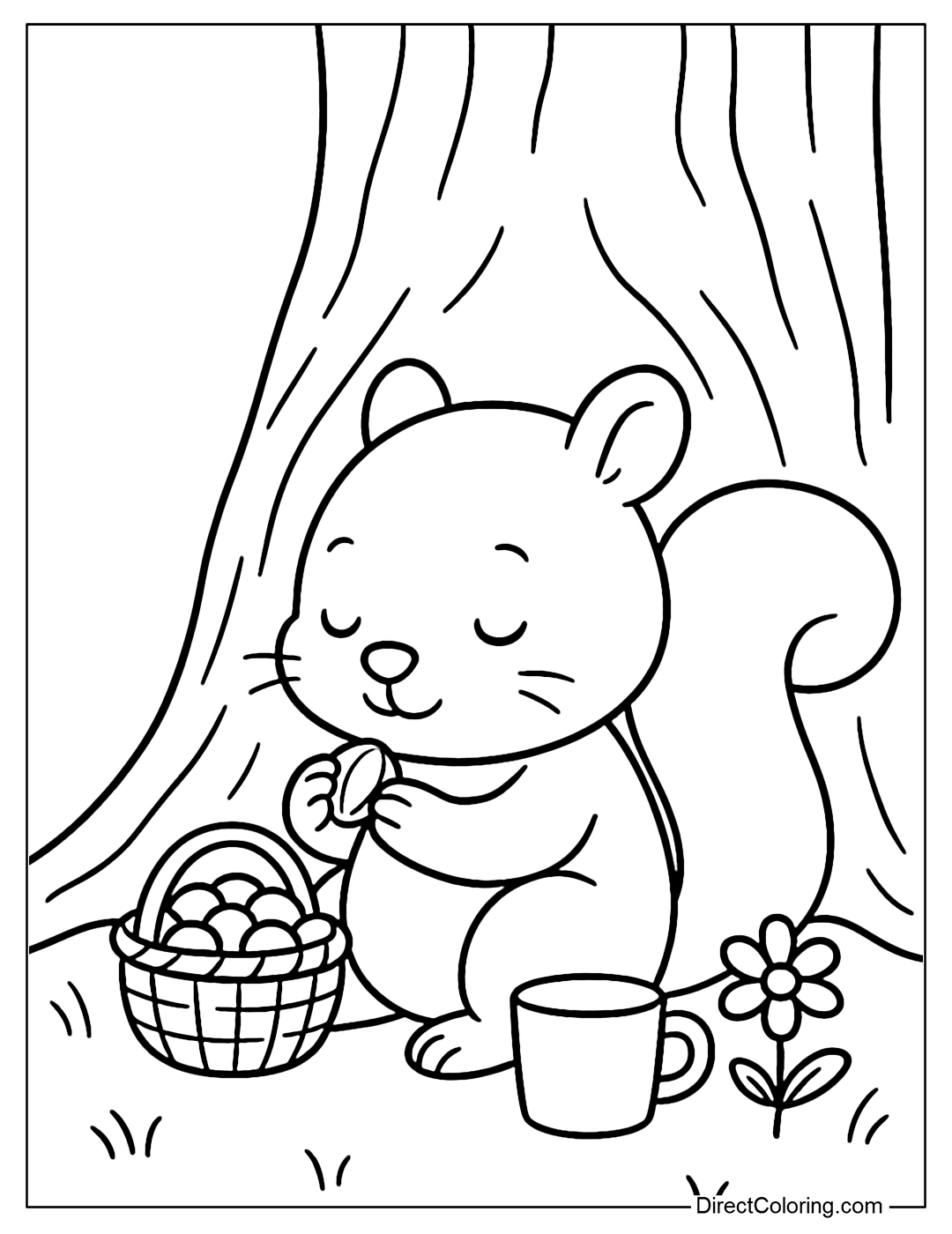Coloring page of a squirrel sitting under a tree, eating chestnuts from a small basket, next to a glass of water and a simple flower