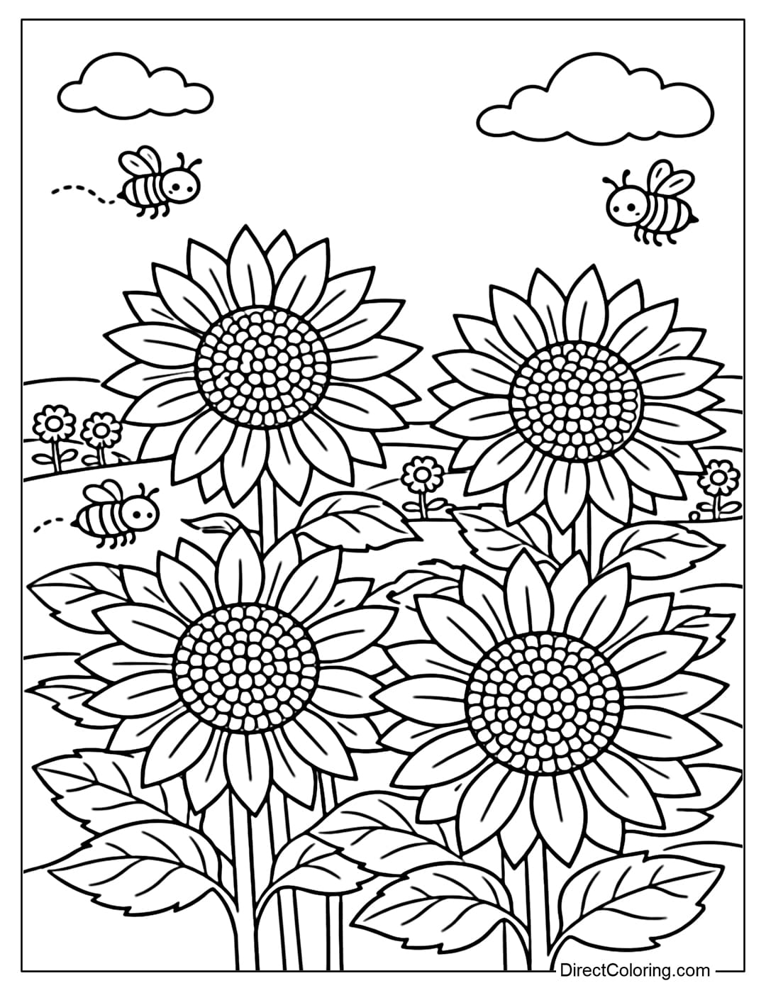 A coloring page of a sunflower field with large, slightly pointed petals and round centers. A few small bees fly near the flowers.