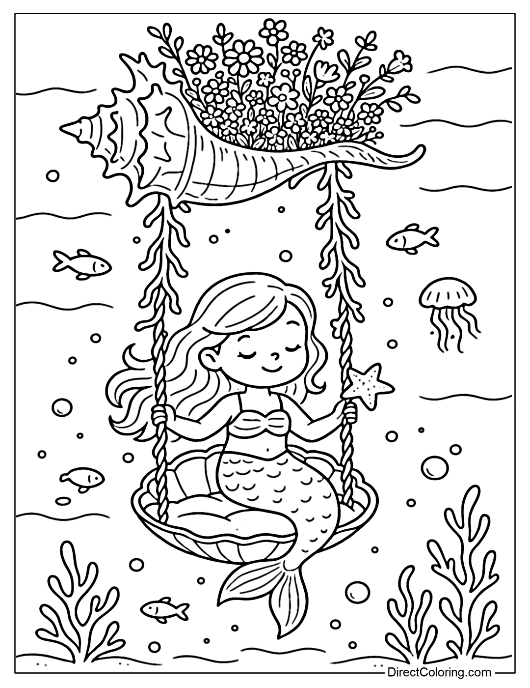 Coloring page of a swing from a shell with a flower garden, a little mermaid sitting in the middle of a shell.