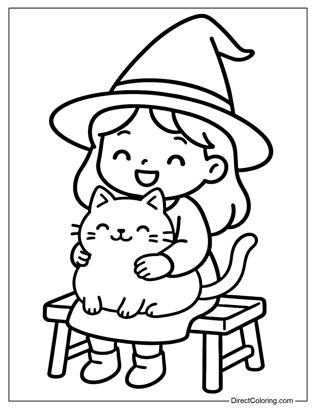 A coloring page of a little witch wearing a big pointed hat, holding a cute fat black cat, both sitting on a wooden chair.