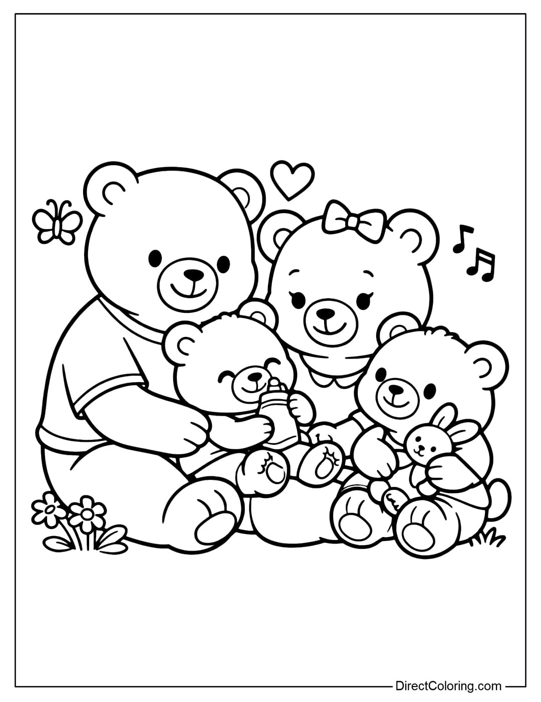 A coloring page of a small bear family gathered together.