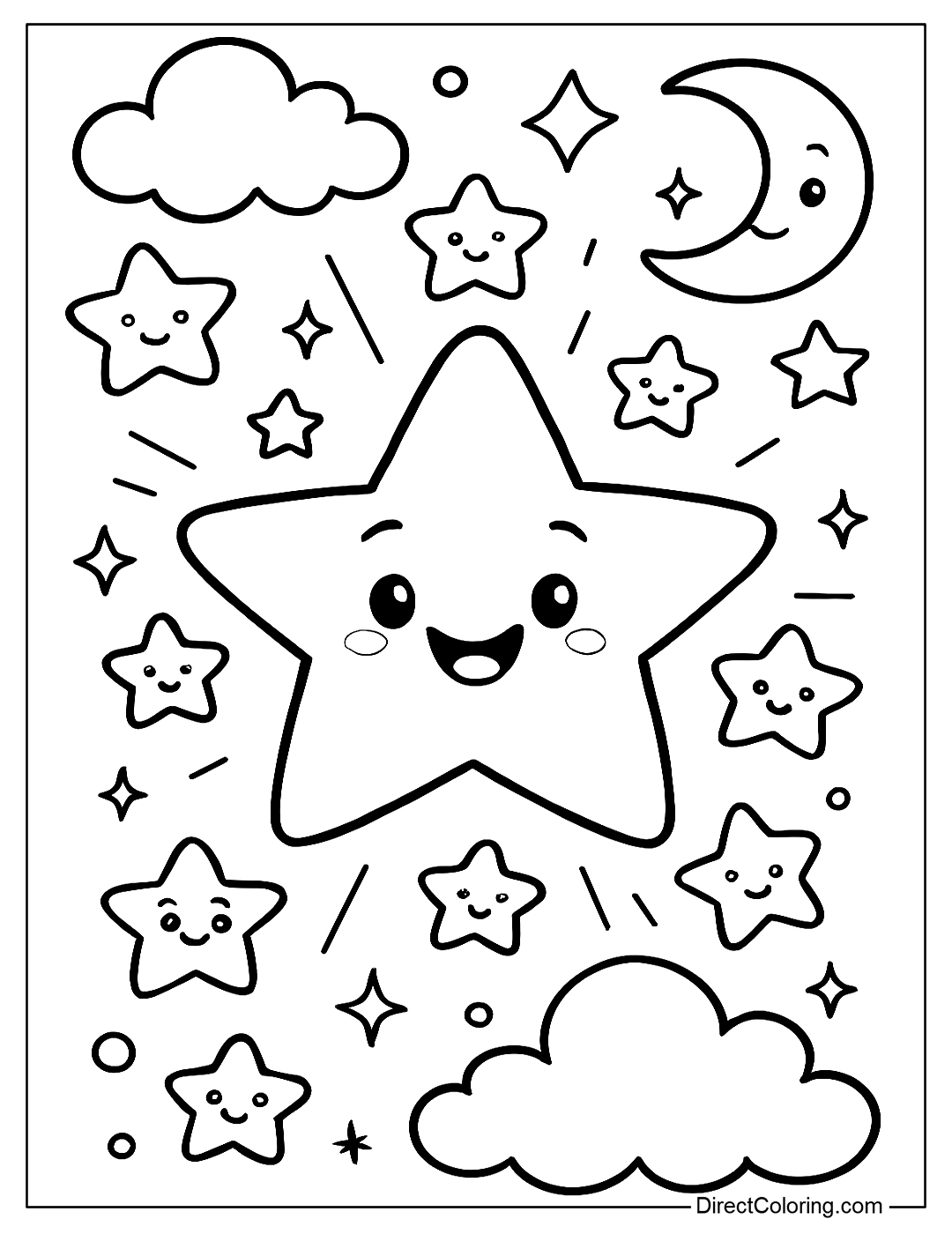 A star coloring page that shines brightly in the night sky, with small stars smiling around.