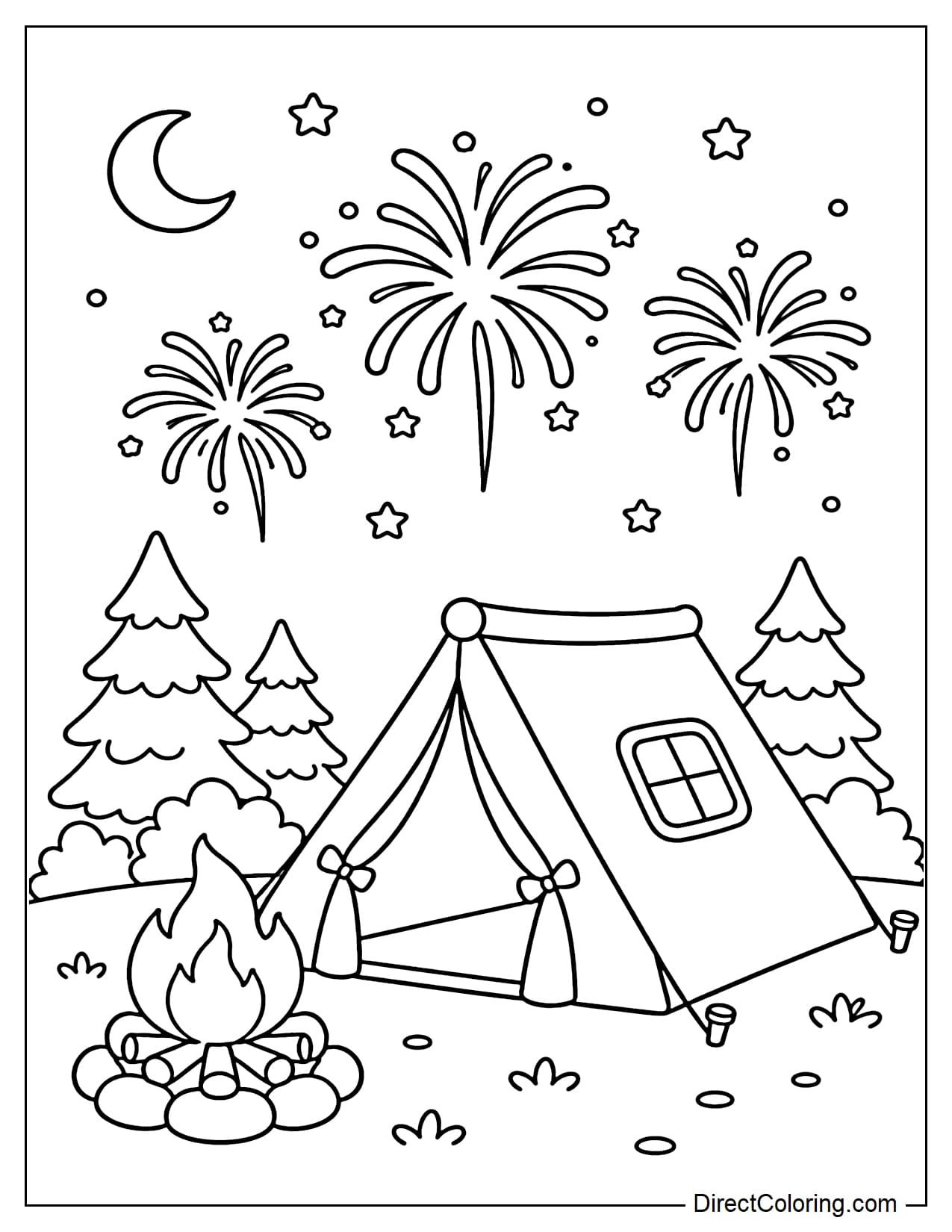 A small camping tent next to a campfire, with a few simple fireworks in the night sky above.