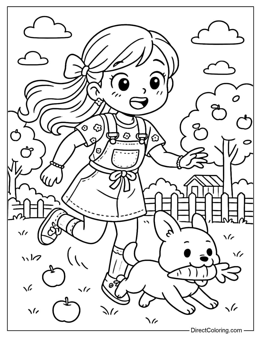 Cute farm girl coloring page chasing a dog with a carrot in its mouth. Apple orchard scene, wooden fence and a small barn in the distance.
