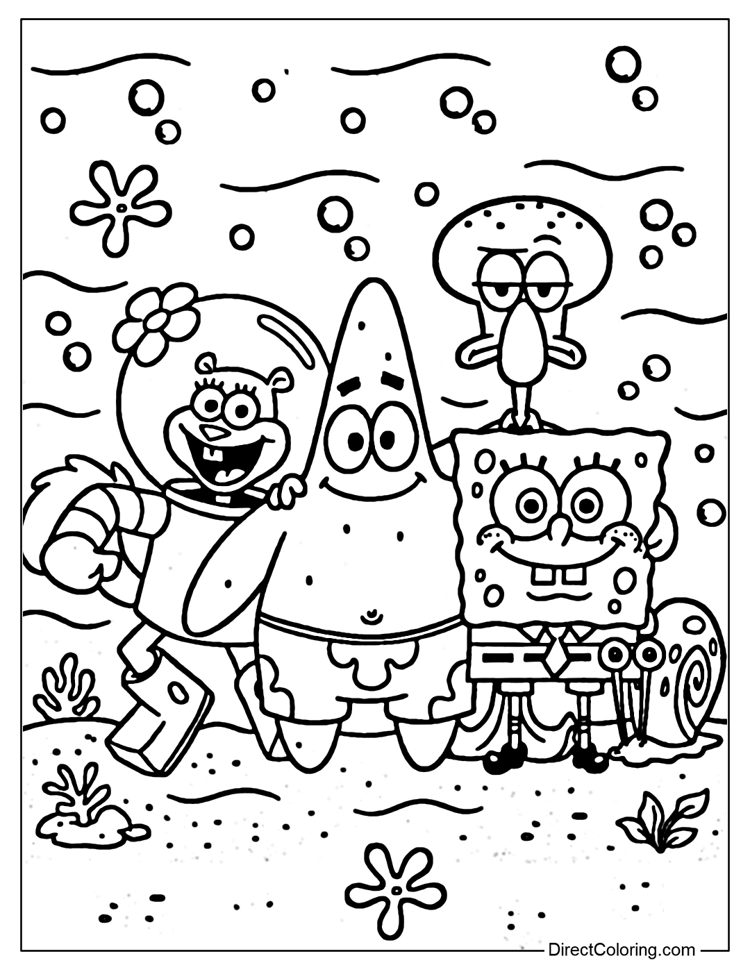 Coloring Page of the main characters of SpongeBob SquarePants posing together with big smiles. Patrick stands in the center, surrounded by SpongeBob, Squidward, Sandy, and Gary the snail.